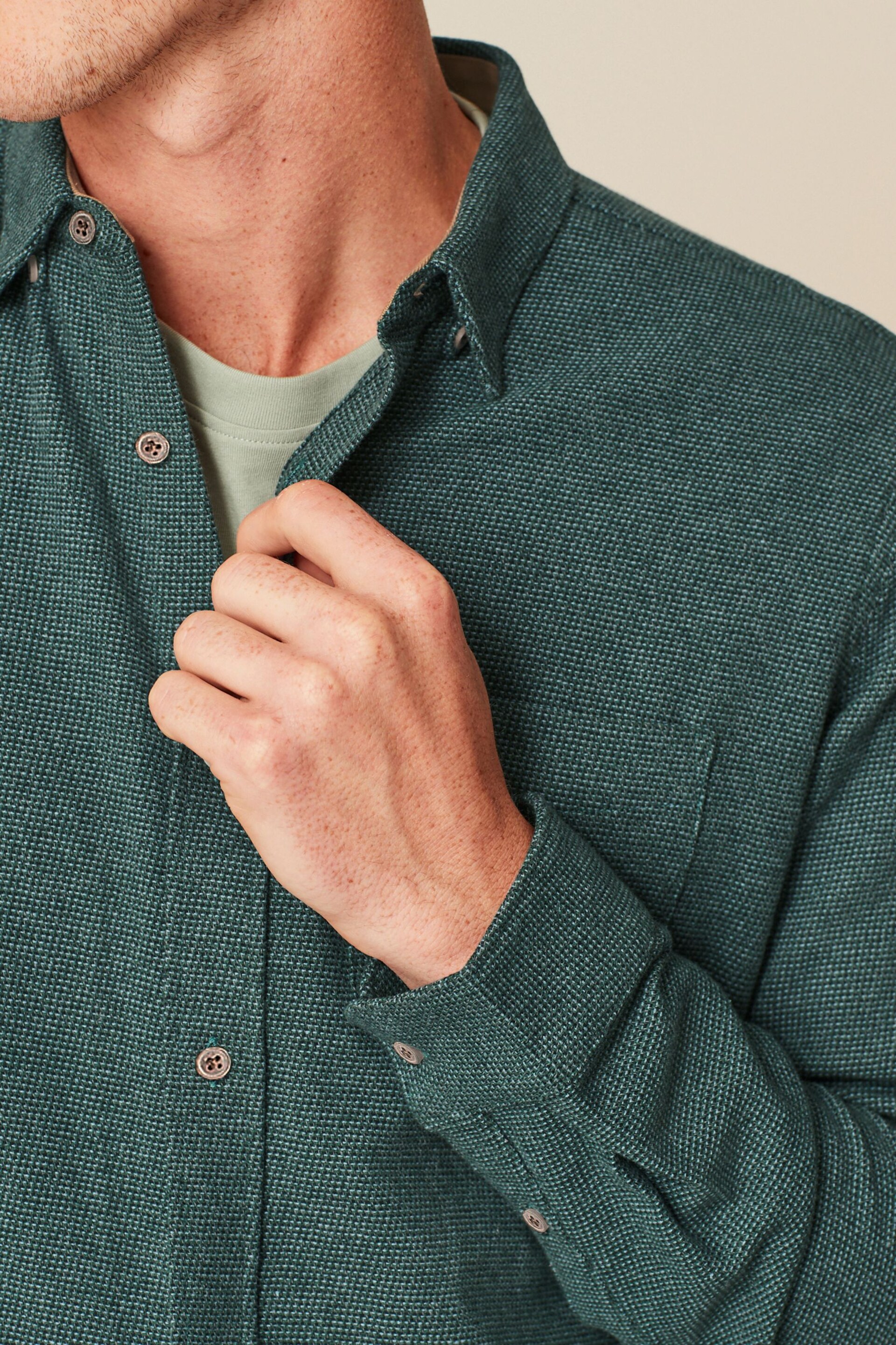 Green Brushed Texture 100% Cotton Long Sleeve Shirt - Image 5 of 9