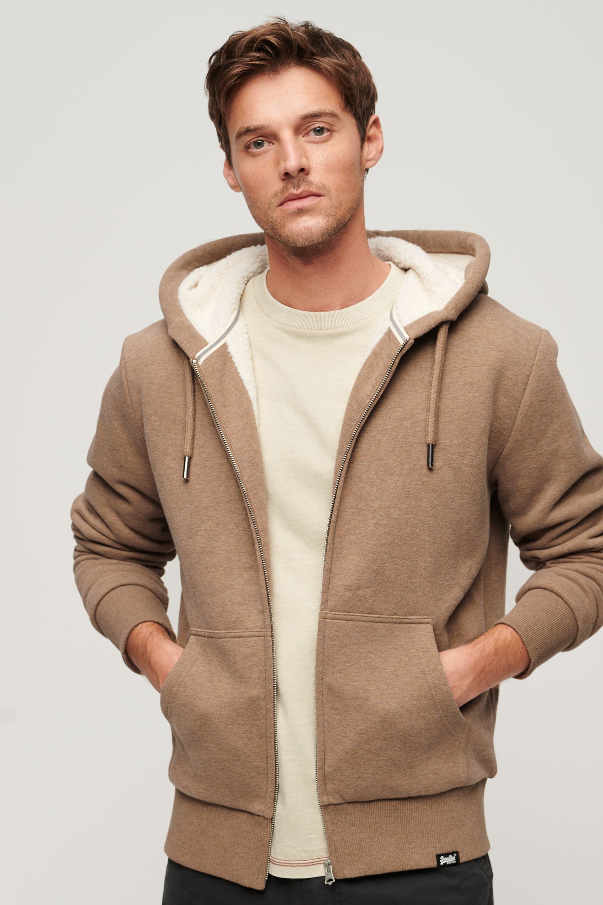 Superdry Brown Essential Borg Lined Zip Hoodie - Image 1 of 8