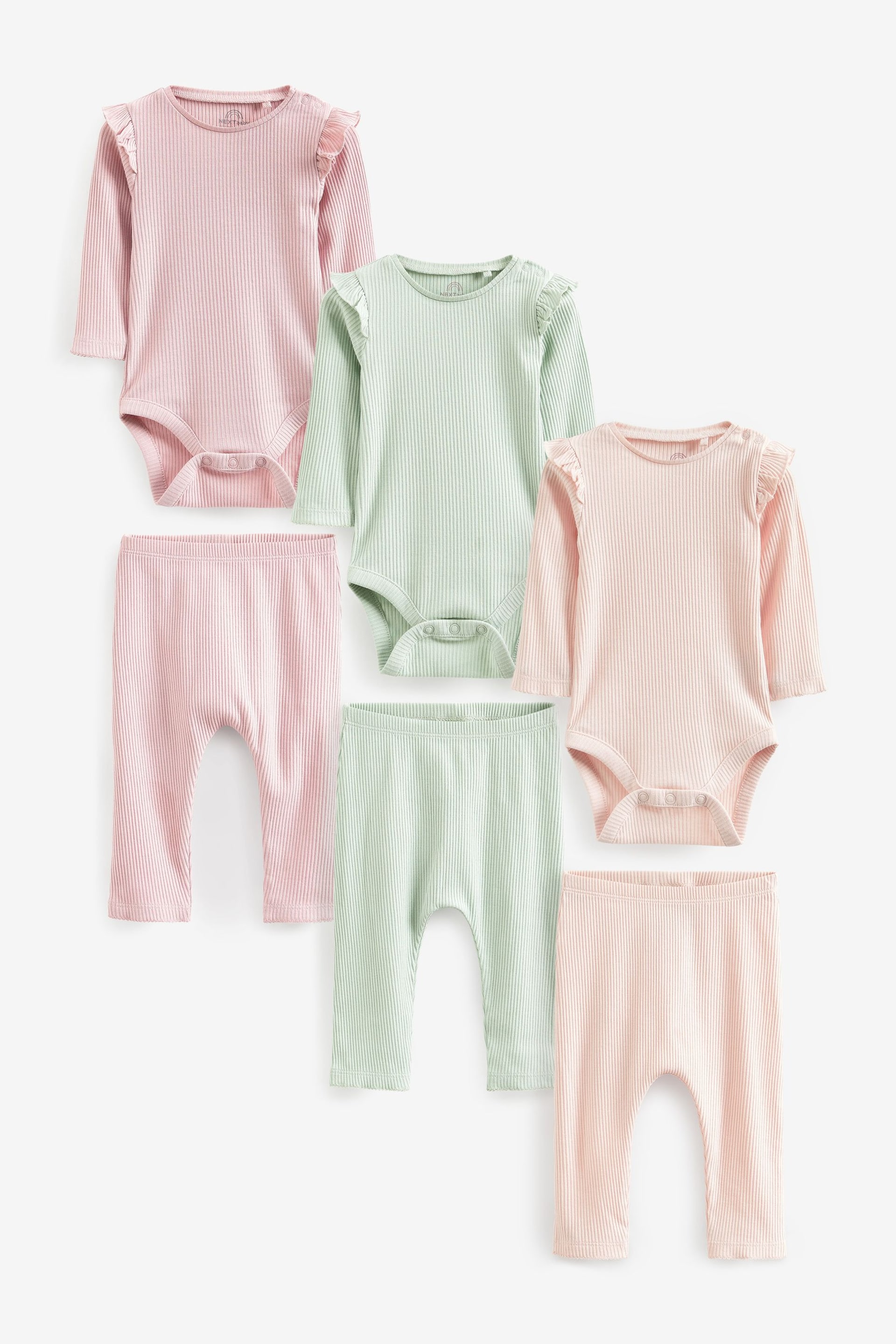 Pink/Green 6 Pack Baby Frill Bodysuit and Leggings Set - Image 1 of 3