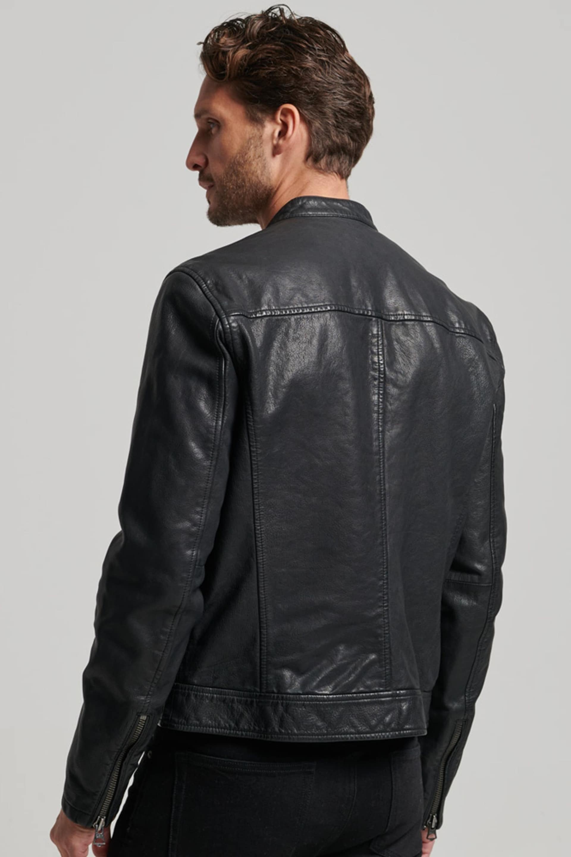 Superdry Black Heritage Leather Sports Racer Jacket - Image 2 of 8