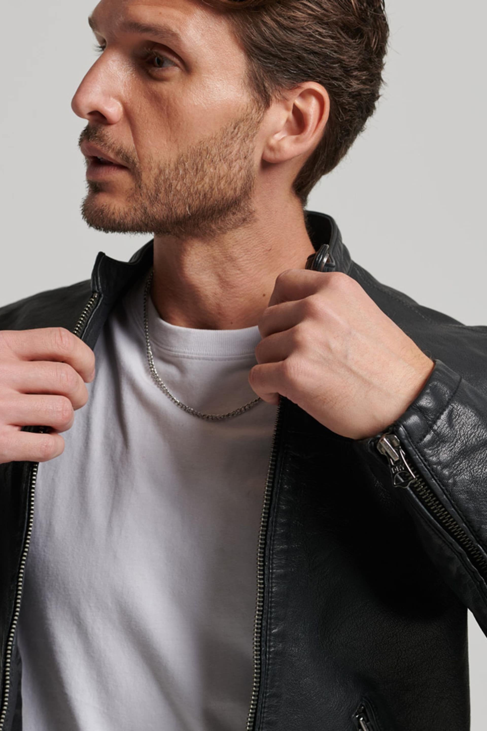 Superdry Black Heritage Leather Sports Racer Jacket - Image 5 of 8