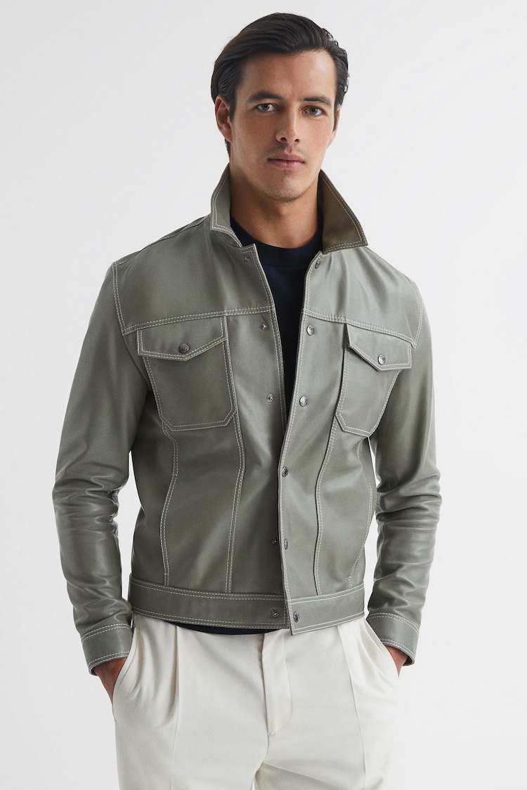 Reiss Sage Gisborne Leather Press Stud Trucker Jacket - Image 1 of 5