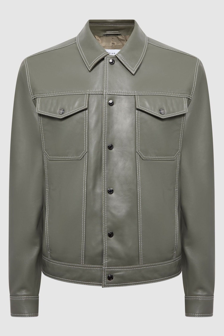 Reiss Sage Gisborne Leather Press Stud Trucker Jacket - Image 2 of 5