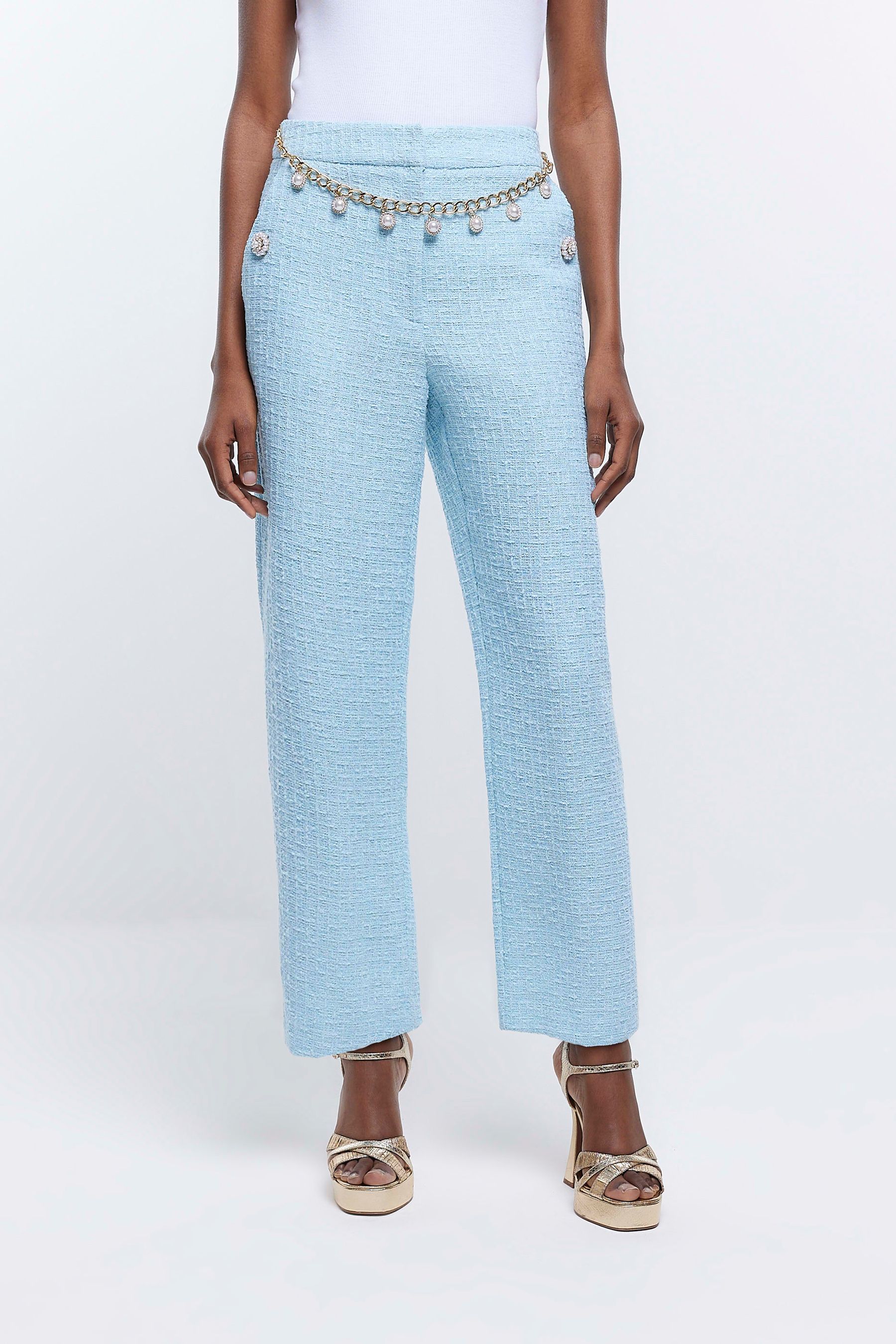 Buy River Island Blue Belted Boucle Crop Trousers from Next Luxembourg