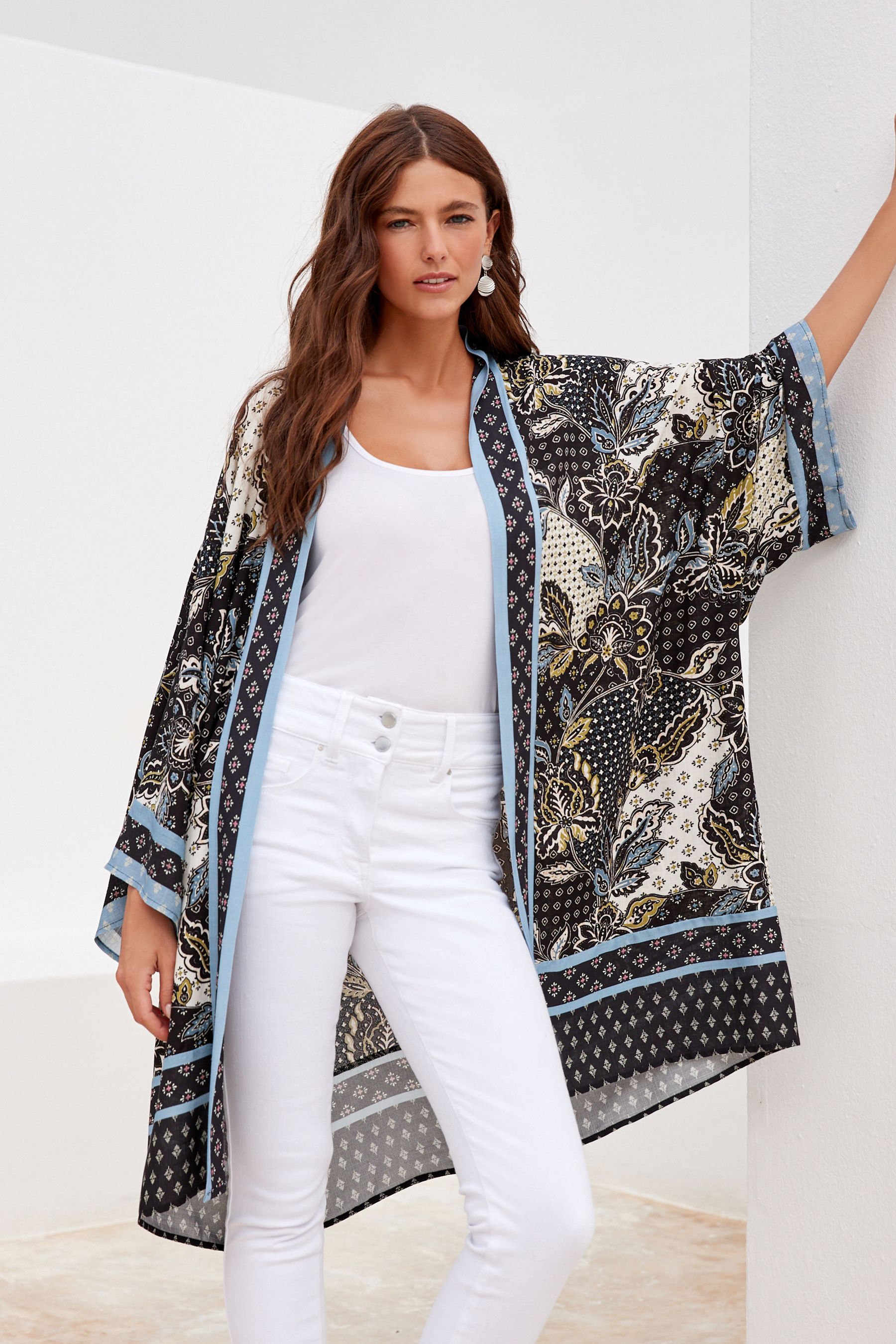 Black White Floral Longline Kimono Cover Up