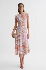 Reiss Coral/White Luna Petite Floral Print Cap Sleeve Dress - Image 1 of 7