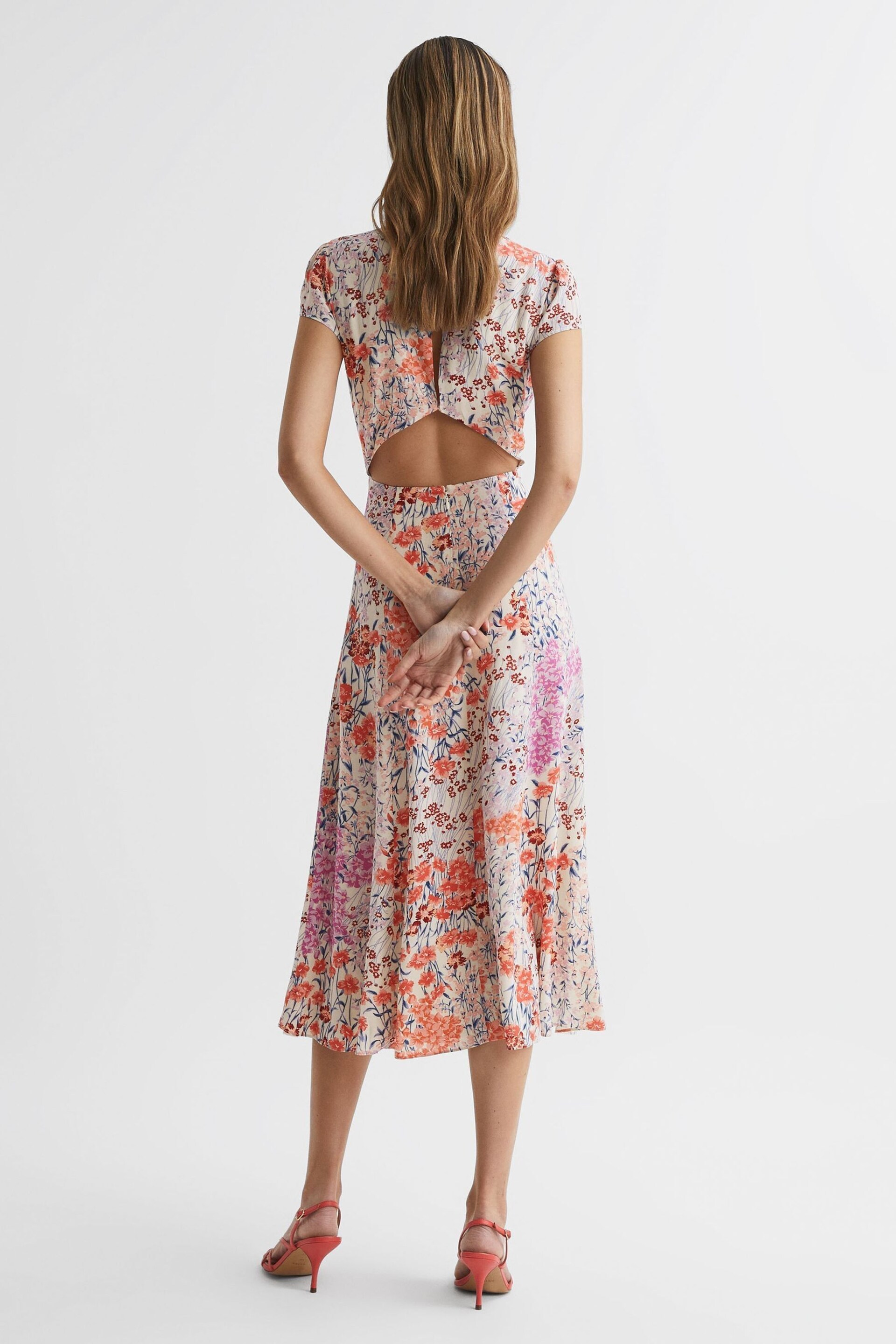 Reiss Coral/White Luna Petite Floral Print Cap Sleeve Dress - Image 5 of 7