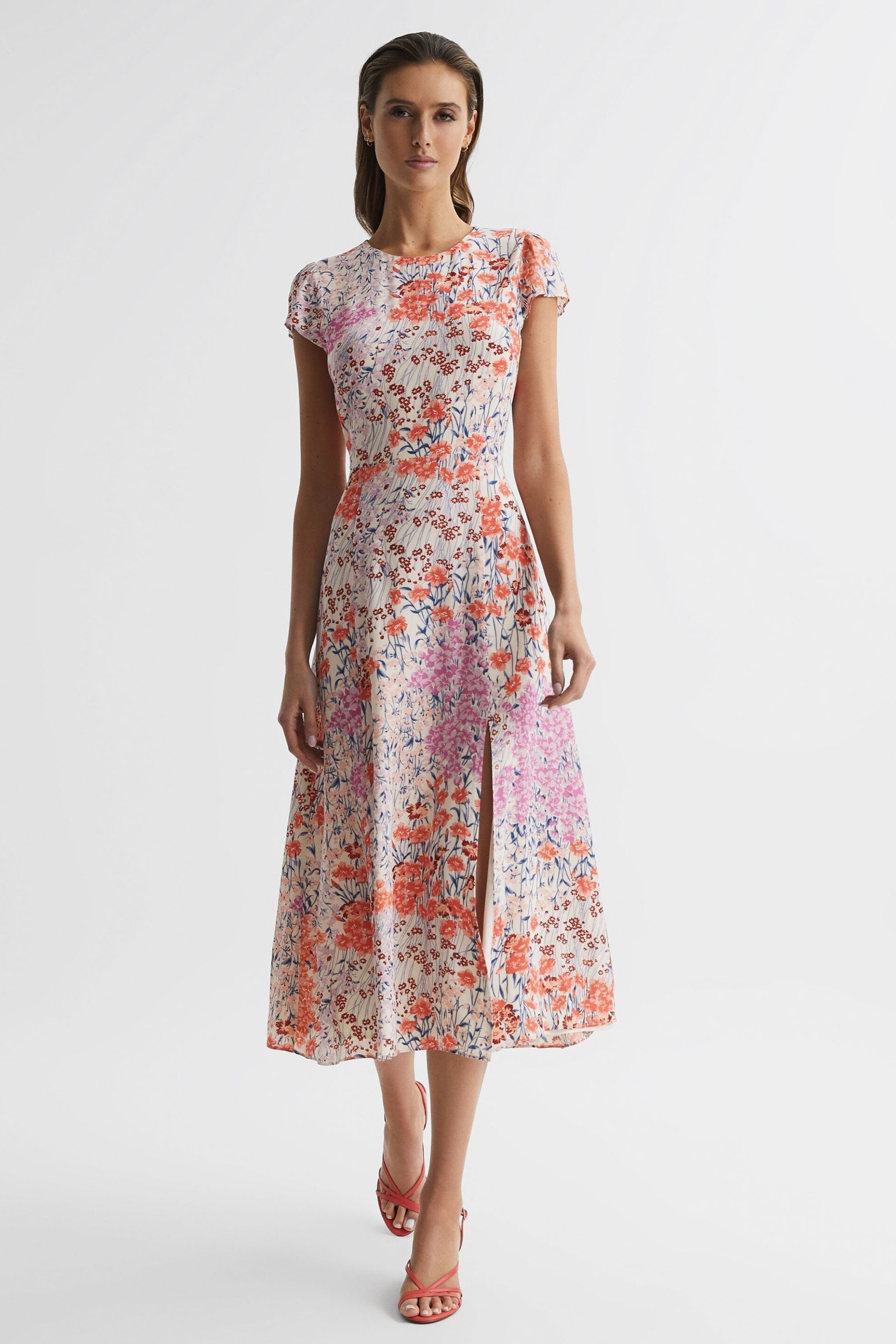 Reiss Coral/White Luna Petite Floral Print Cap Sleeve Dress - Image 6 of 7