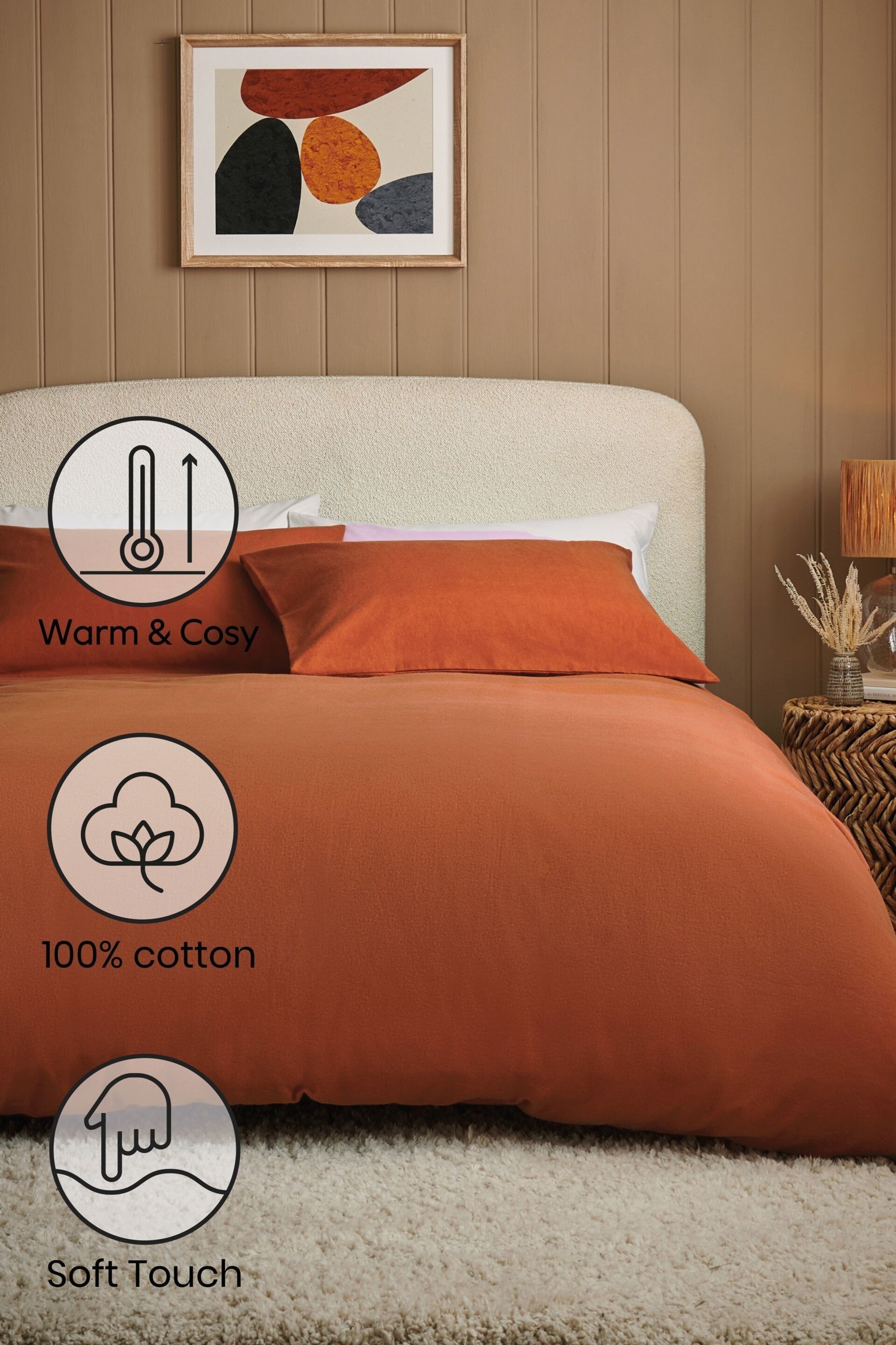 Rust Orange 100% Cotton Supersoft Brushed Plain Duvet Cover And Pillowcase Set - Image 2 of 5