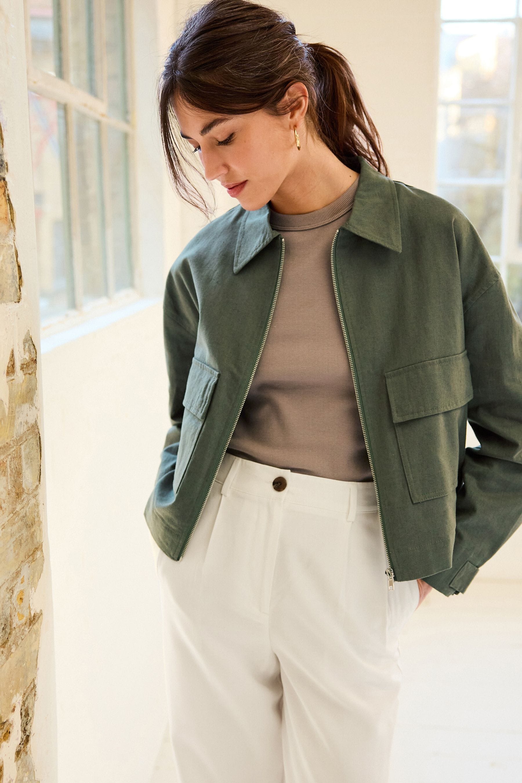 Buy Green Linen Blend Jacket from Next Luxembourg