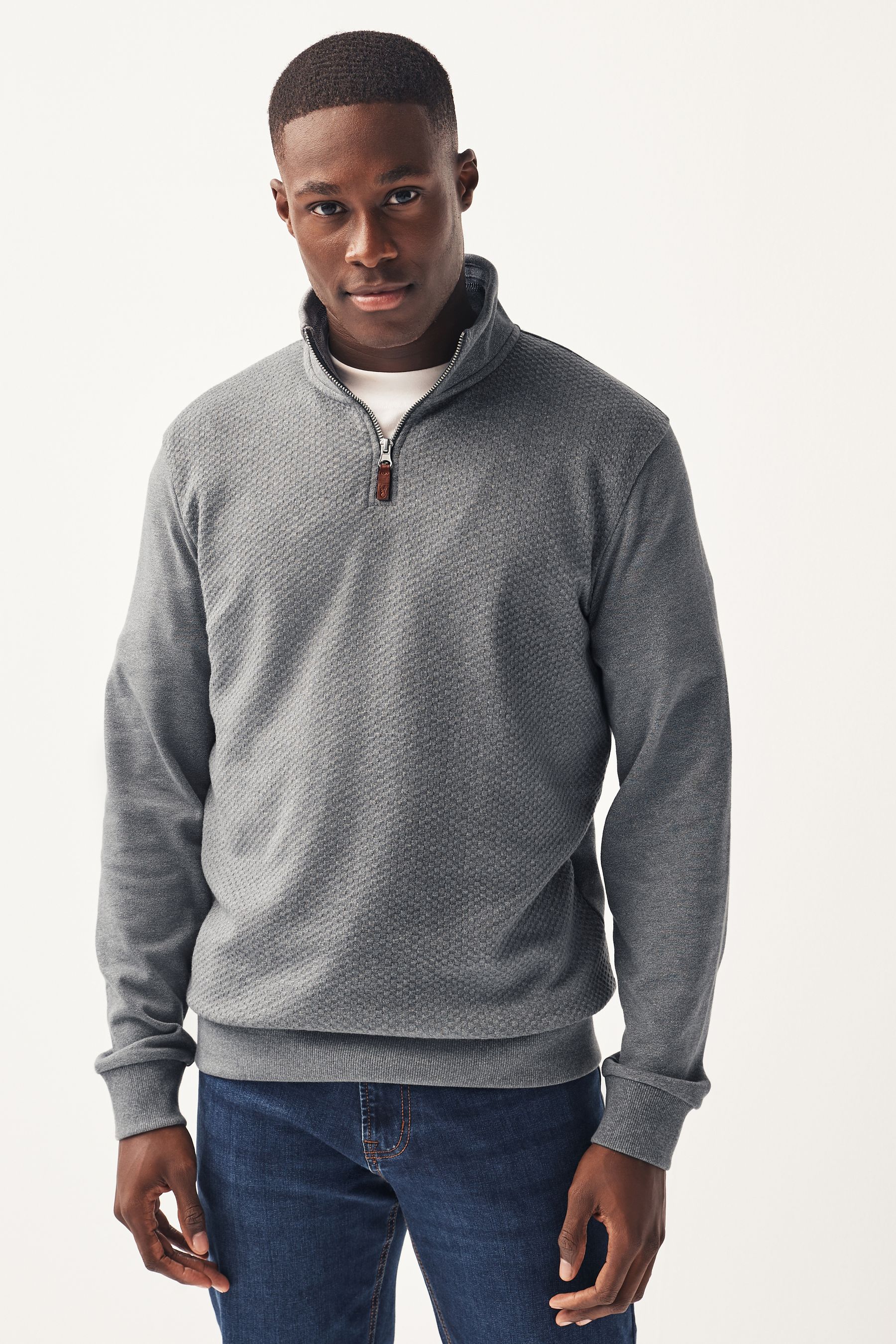 Buy Light Grey Textured Long Sleeve Zip Neck Jumper from Next Ireland