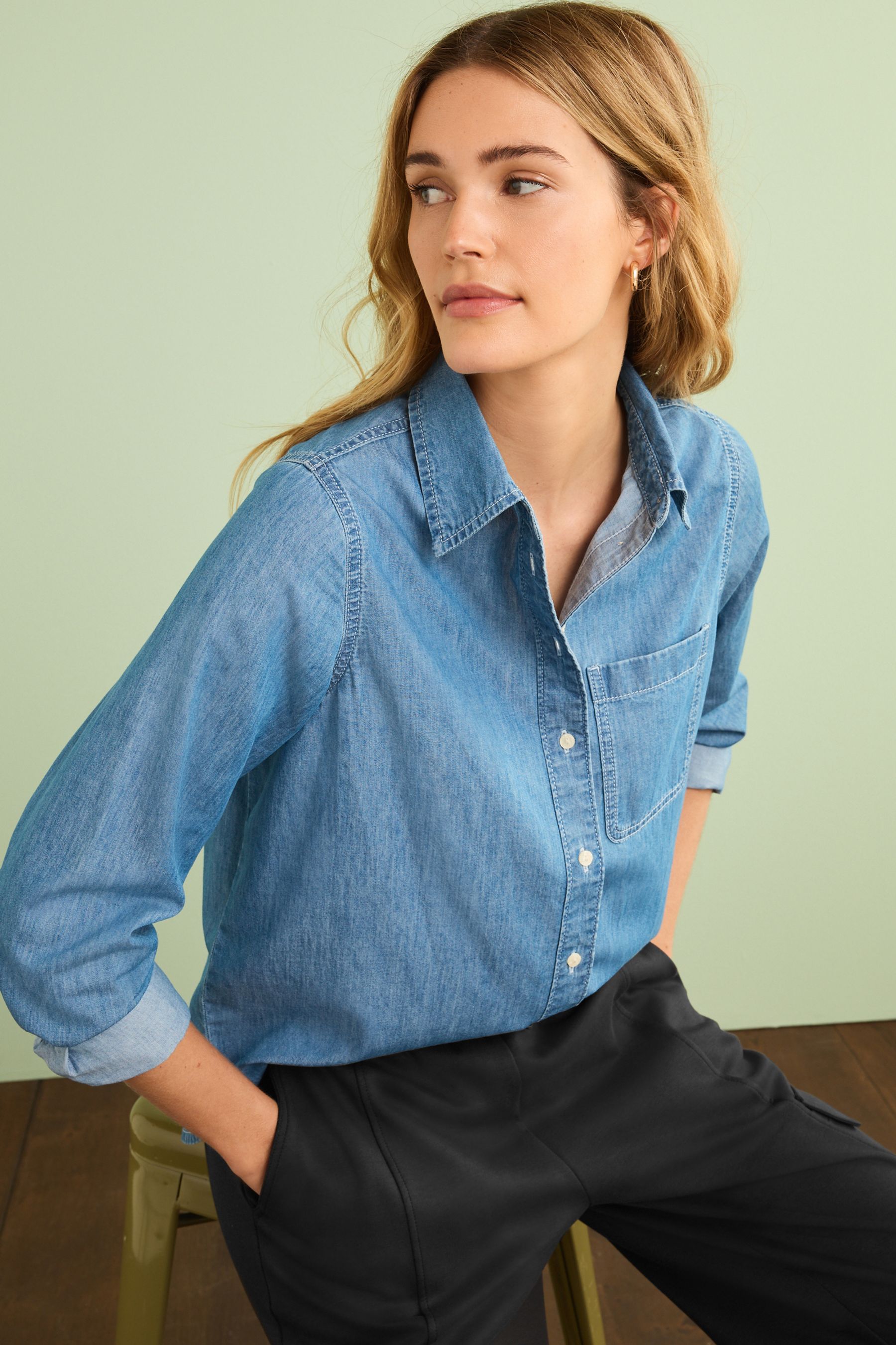 Mid Blue 100 Cotton Denim Shirt