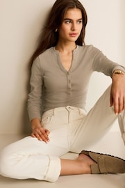 Taupe Brown Ribbed Button Detail Long Sleeve Henley Top - Image 2 of 6