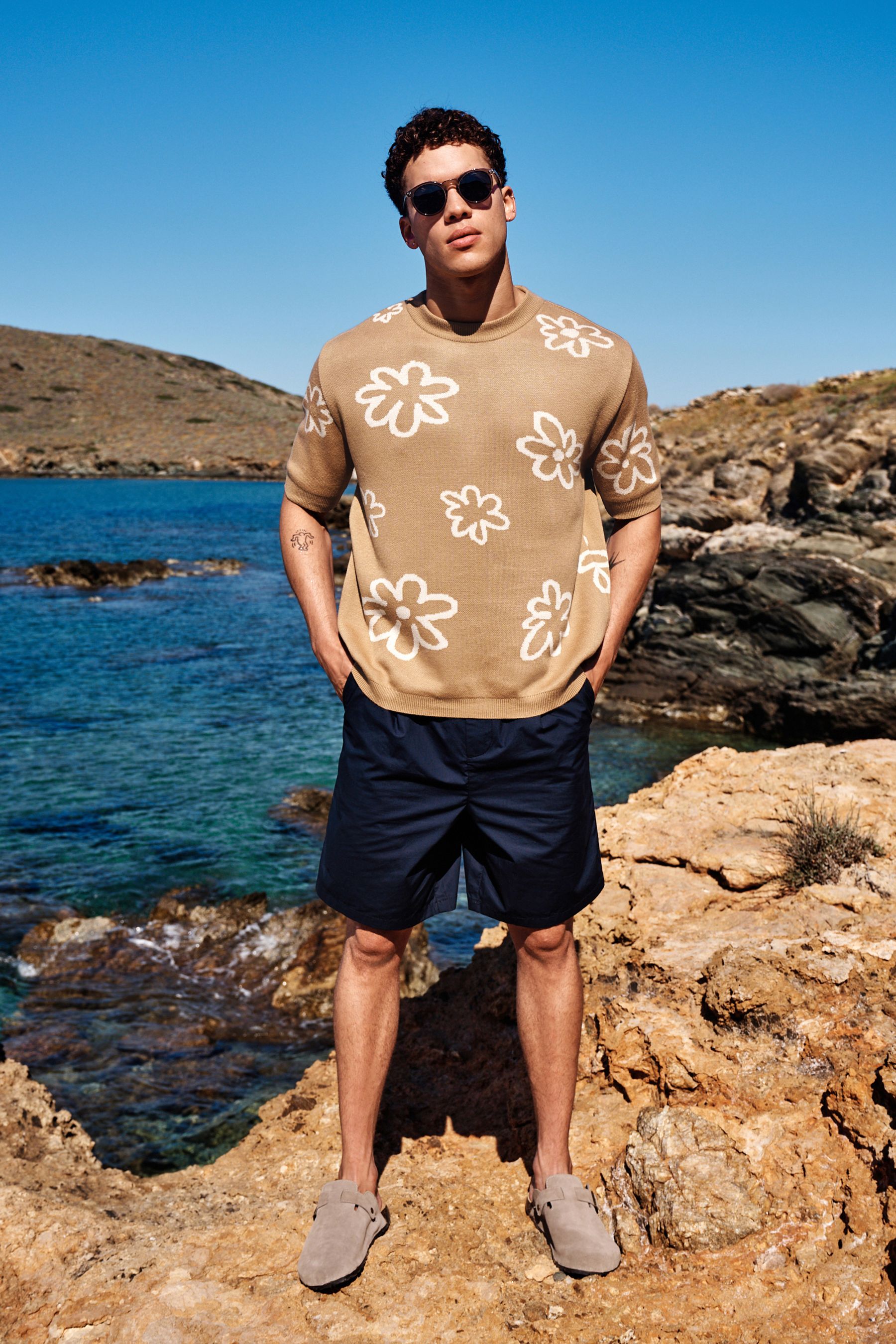Buy Tan Brown White EDIT Flower Print Short Sleeve Knitted Crew Jumper from Next Luxembourg
