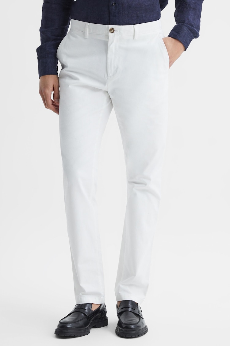 Reiss White Pitch Slim Fit Washed Cotton Blend Chinos - Image 1 of 6