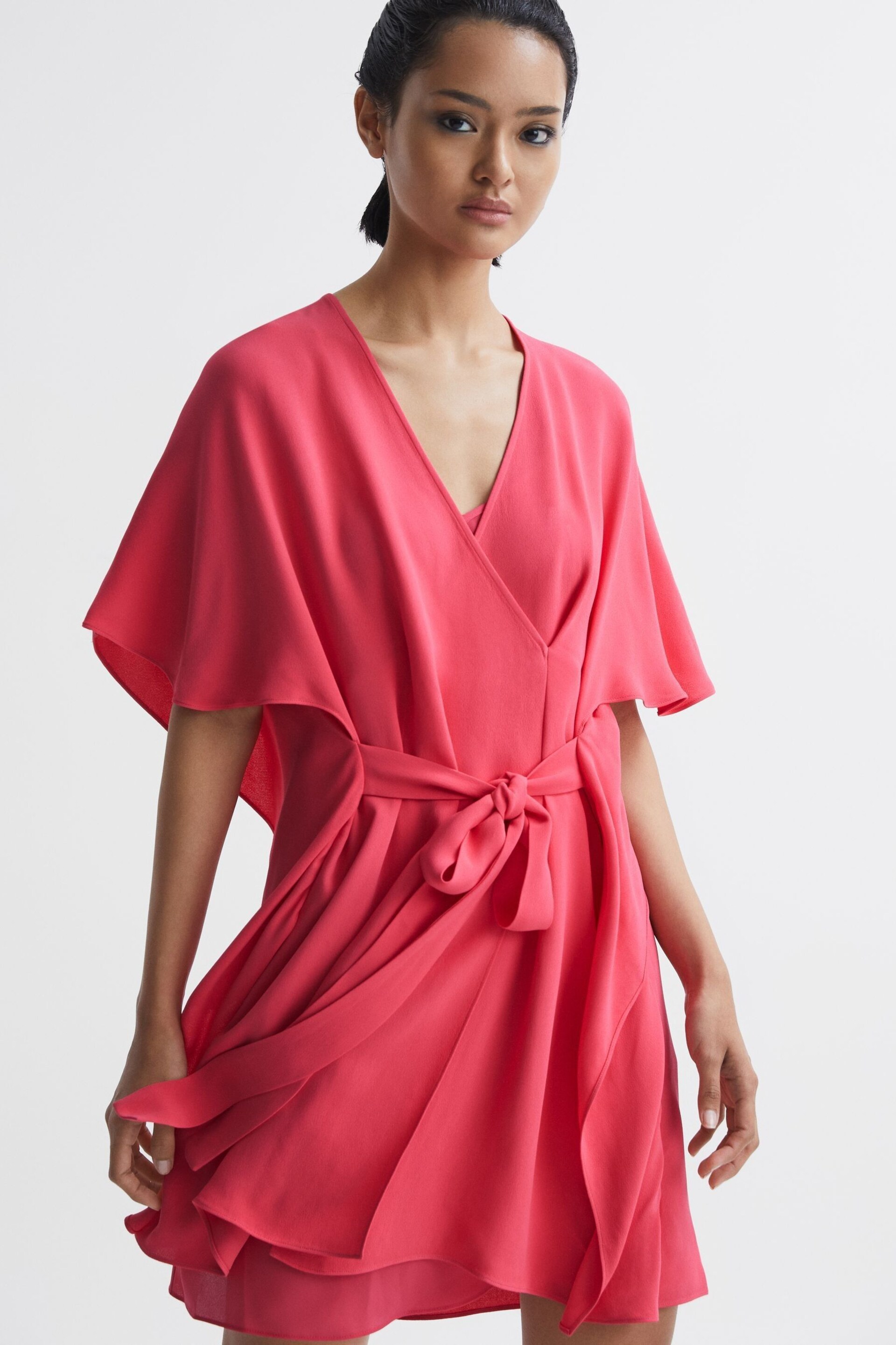Reiss Pink Peony Relaxed Fit Wrap Mini Dress - Image 1 of 7