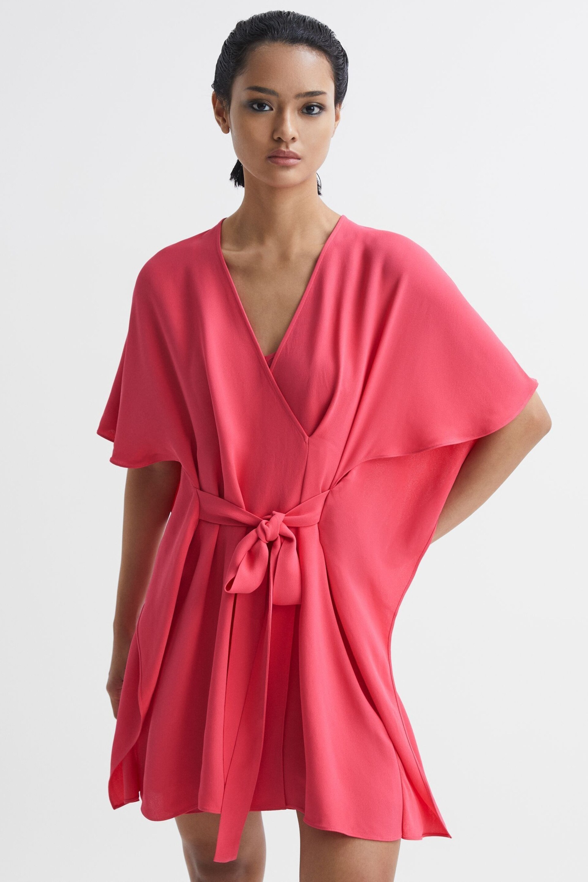 Reiss Pink Peony Relaxed Fit Wrap Mini Dress - Image 7 of 7