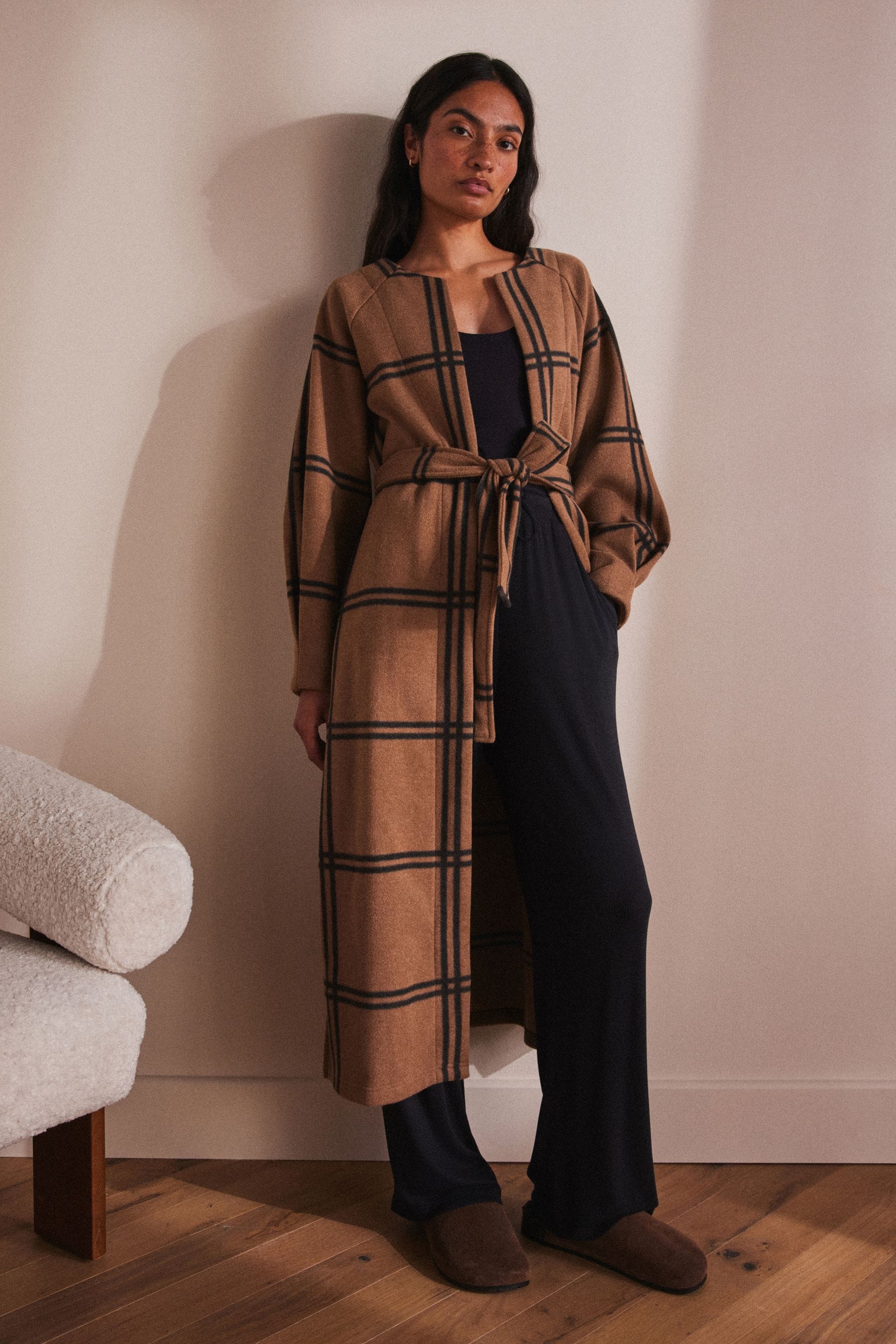 Buy Neutral Check Tie Waist Coatigan from the Next UK online shop