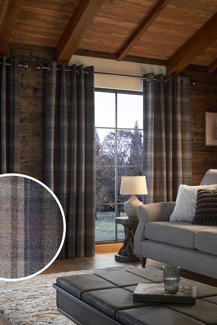 Blue/Grey Next Alpine Check Lined Eyelet Curtains - Image 1 of 7