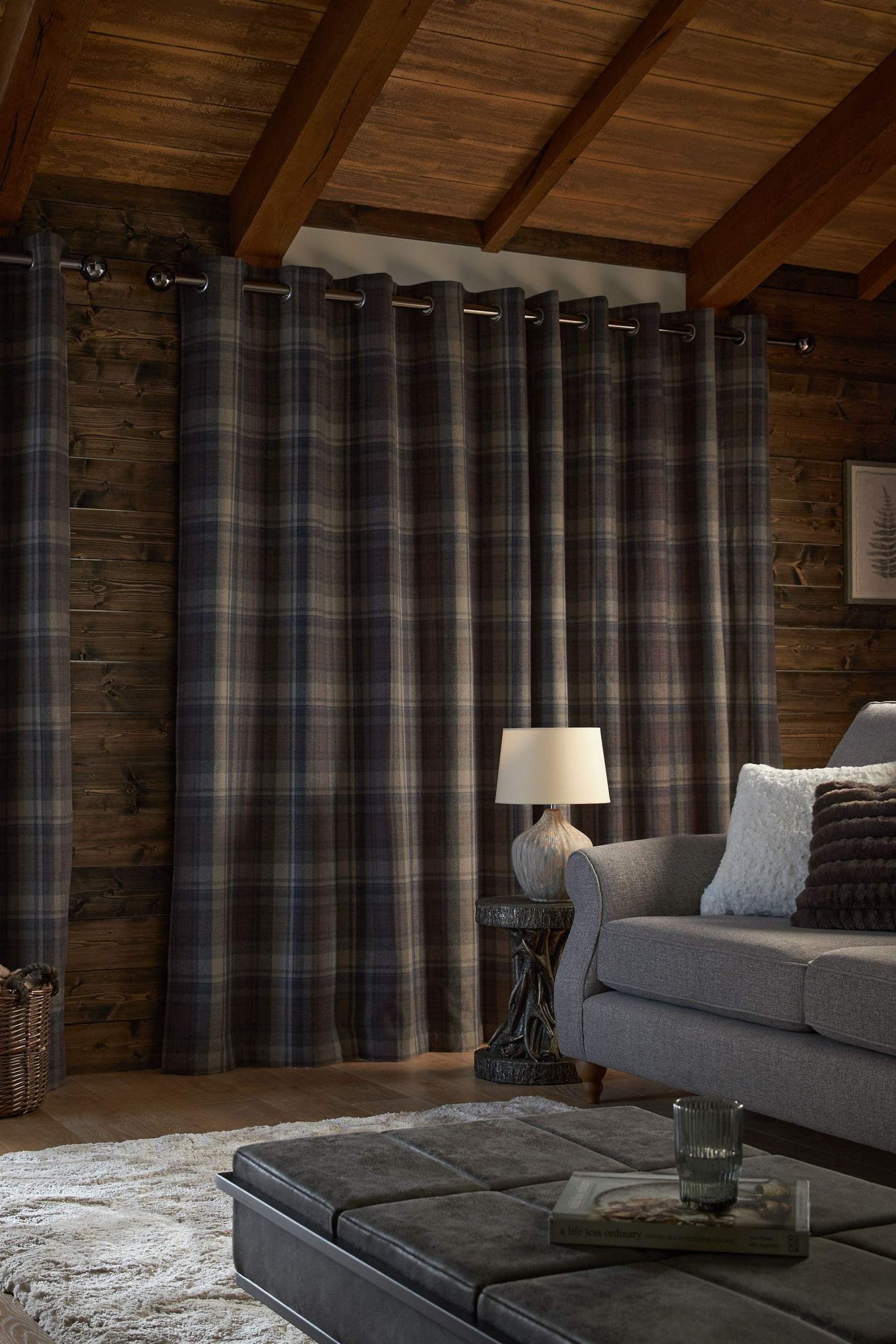 Blue/Grey Next Alpine Check Lined Eyelet Curtains - Image 2 of 7