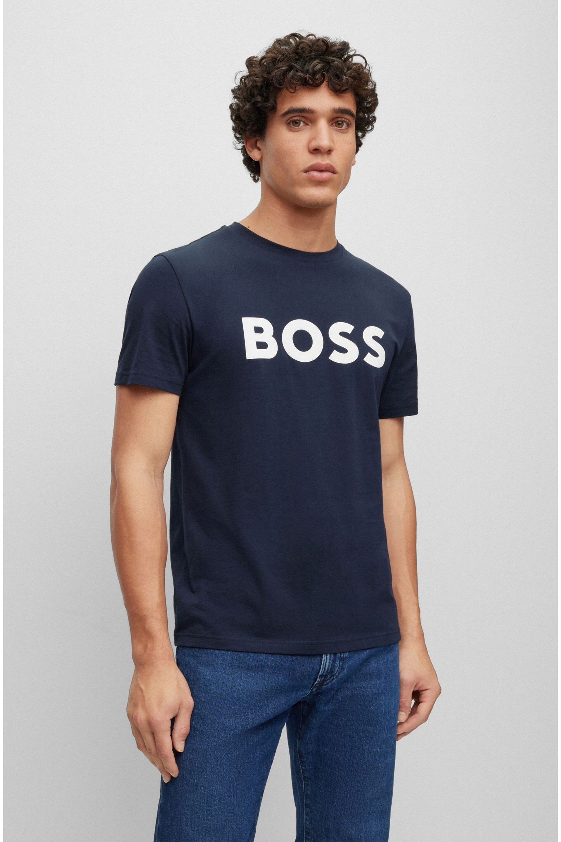 BOSS Dark Blue/White Logo Large Chest Logo T-Shirt - Image 1 of 5