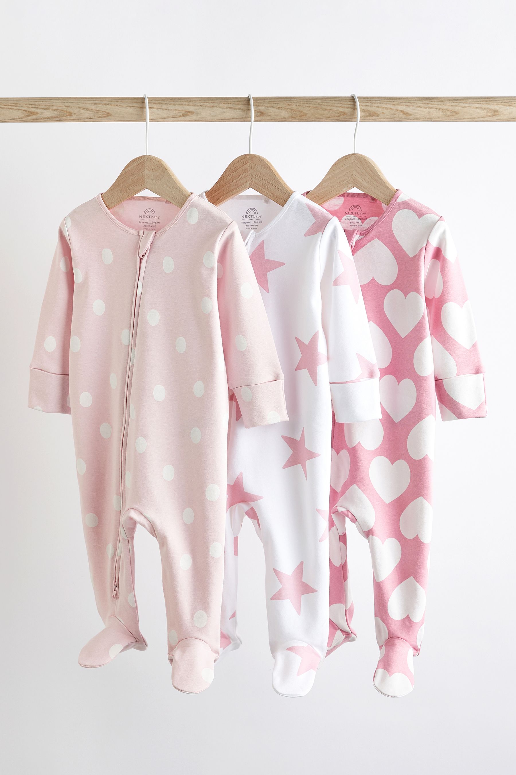 Buy Pink White Two Way Zip 100 Cotton Baby Sleepsuits 3 Pack 0 3yrs from the Next UK online shop