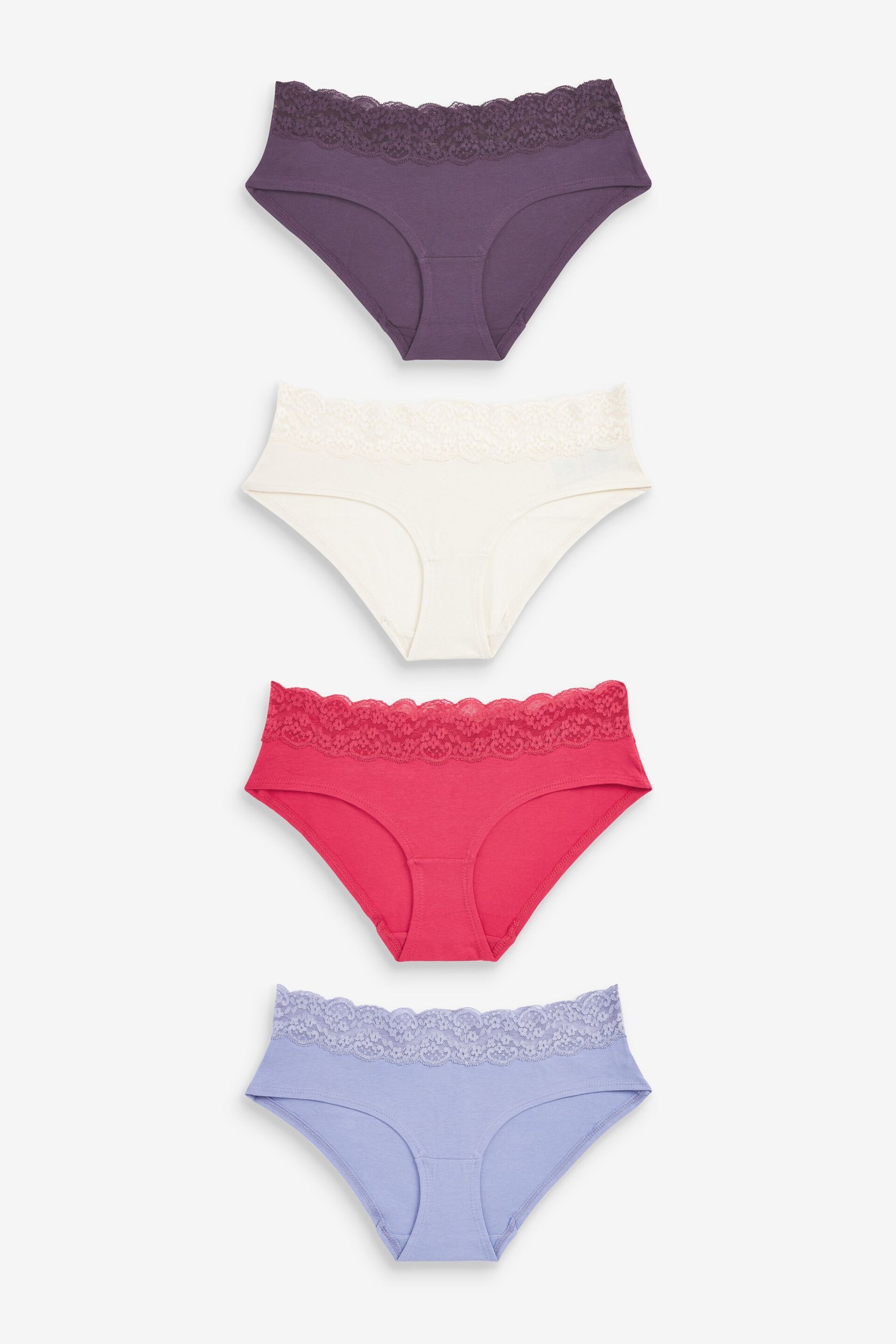 Pink/Purple/Cream Short Cotton and Lace Knickers 4 Pack - Image 1 of 9