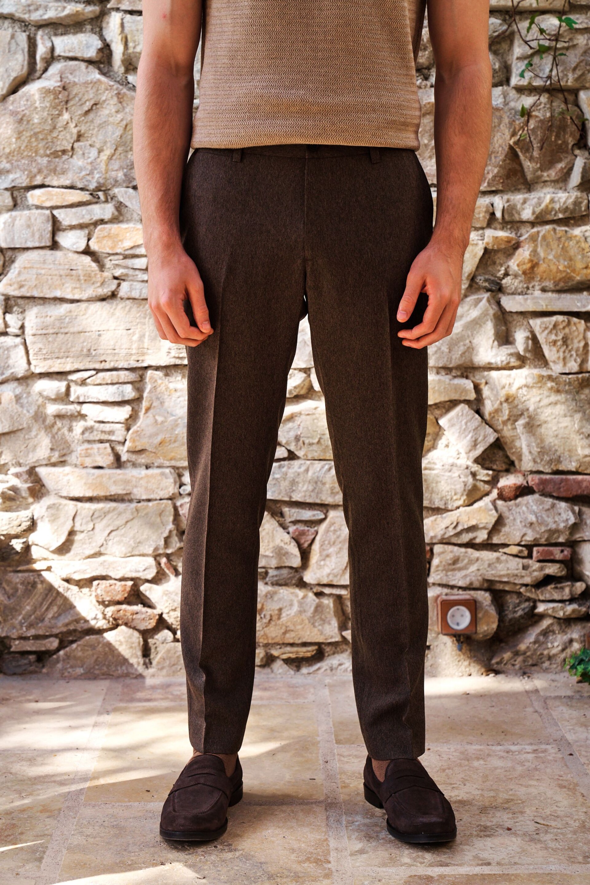 Brown Slim Trimmed Herringbone Textured Trousers - Image 2 of 9