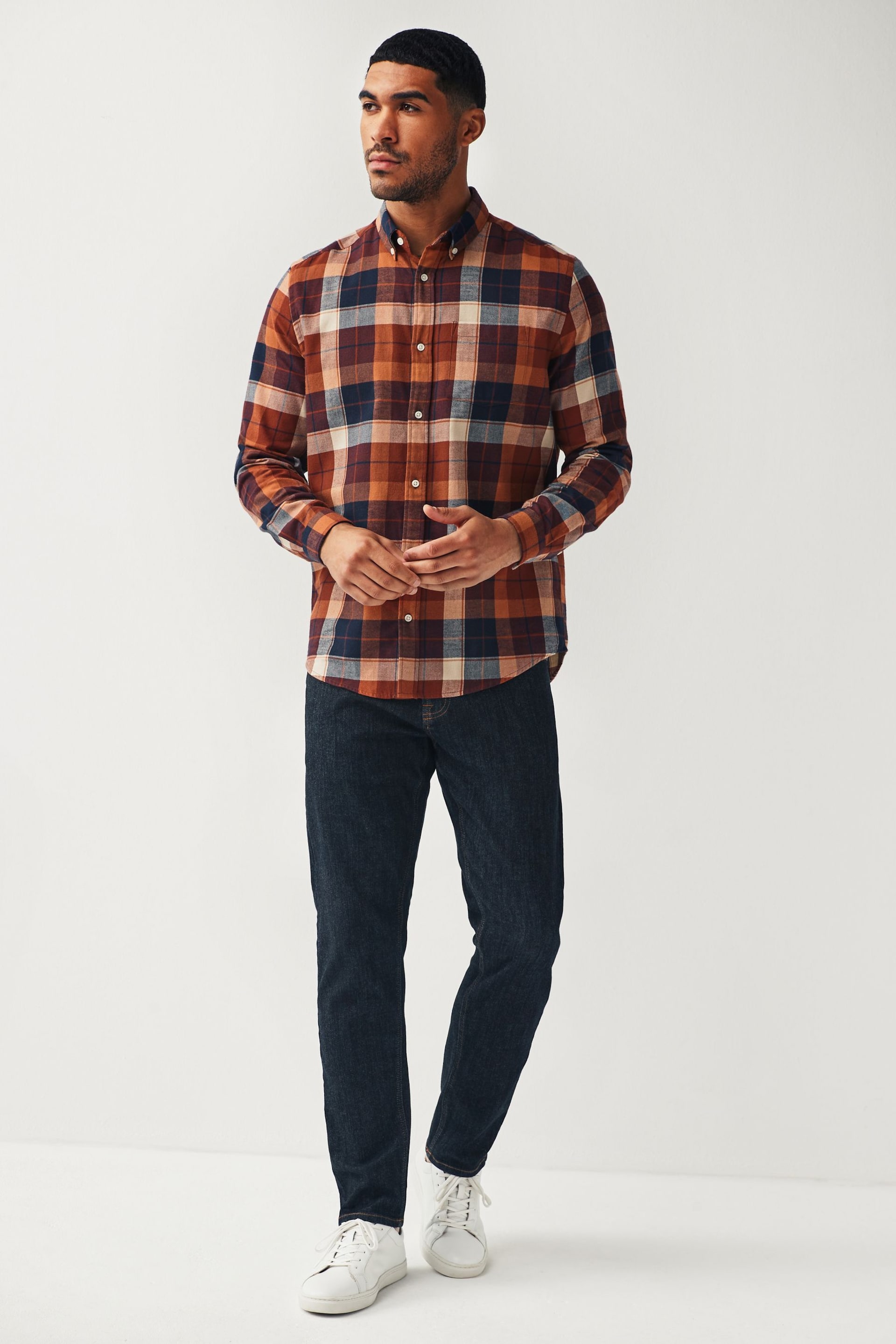 Rust Orange Signature Brushed Flannel Check Shirt - Image 2 of 9