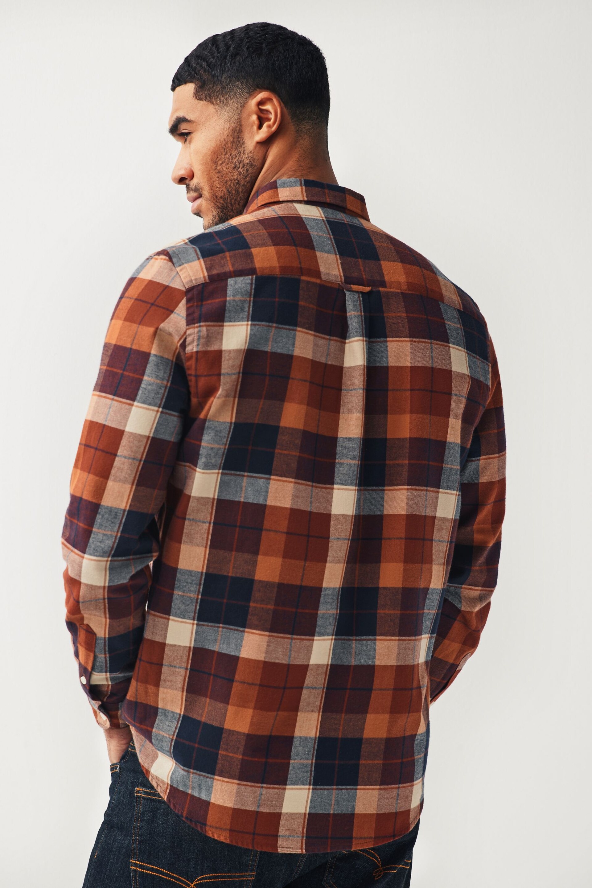 Rust Orange Signature Brushed Flannel Check Shirt - Image 3 of 9