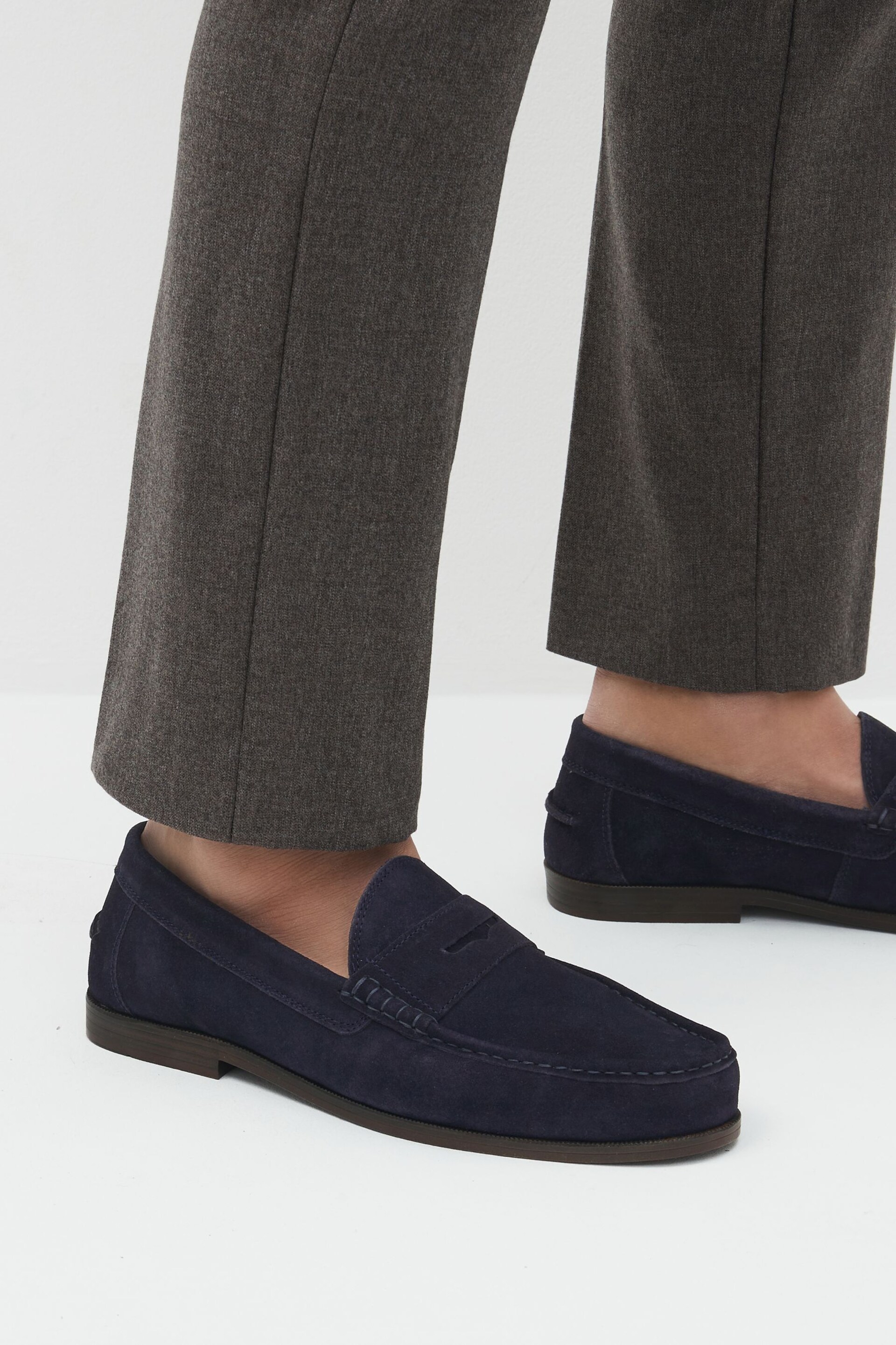 Navy Blue Suede Wide Fit Penny Loafers - Image 1 of 6