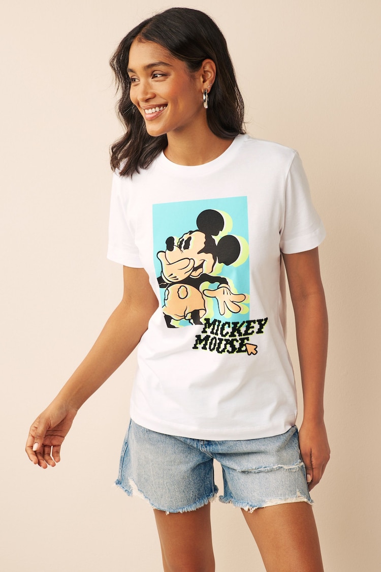 White Mickey Mouse Graphic License T-Shirt - Image 1 of 6