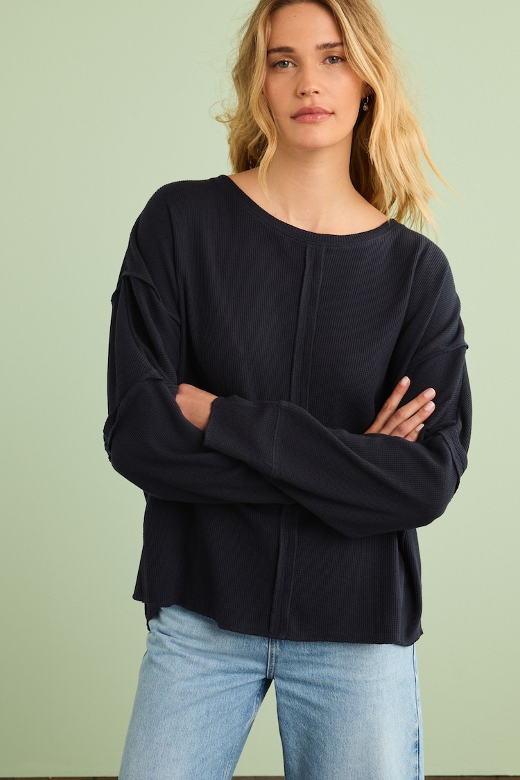 Navy Blue Seam Detail Waffle Top - Image 1 of 6