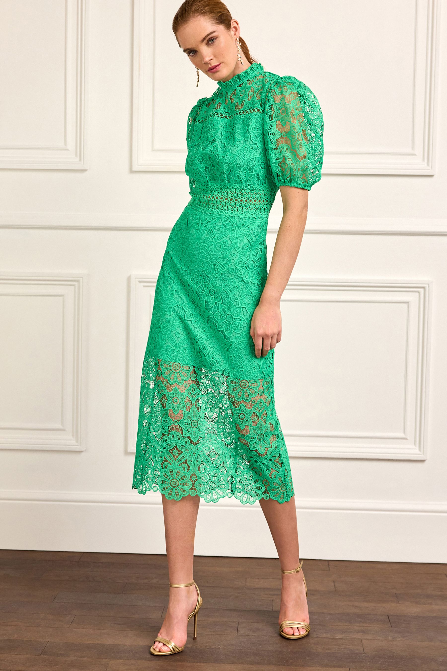 Buy Green Lace Short Sleeve Insert Midi Dress from Next Luxembourg