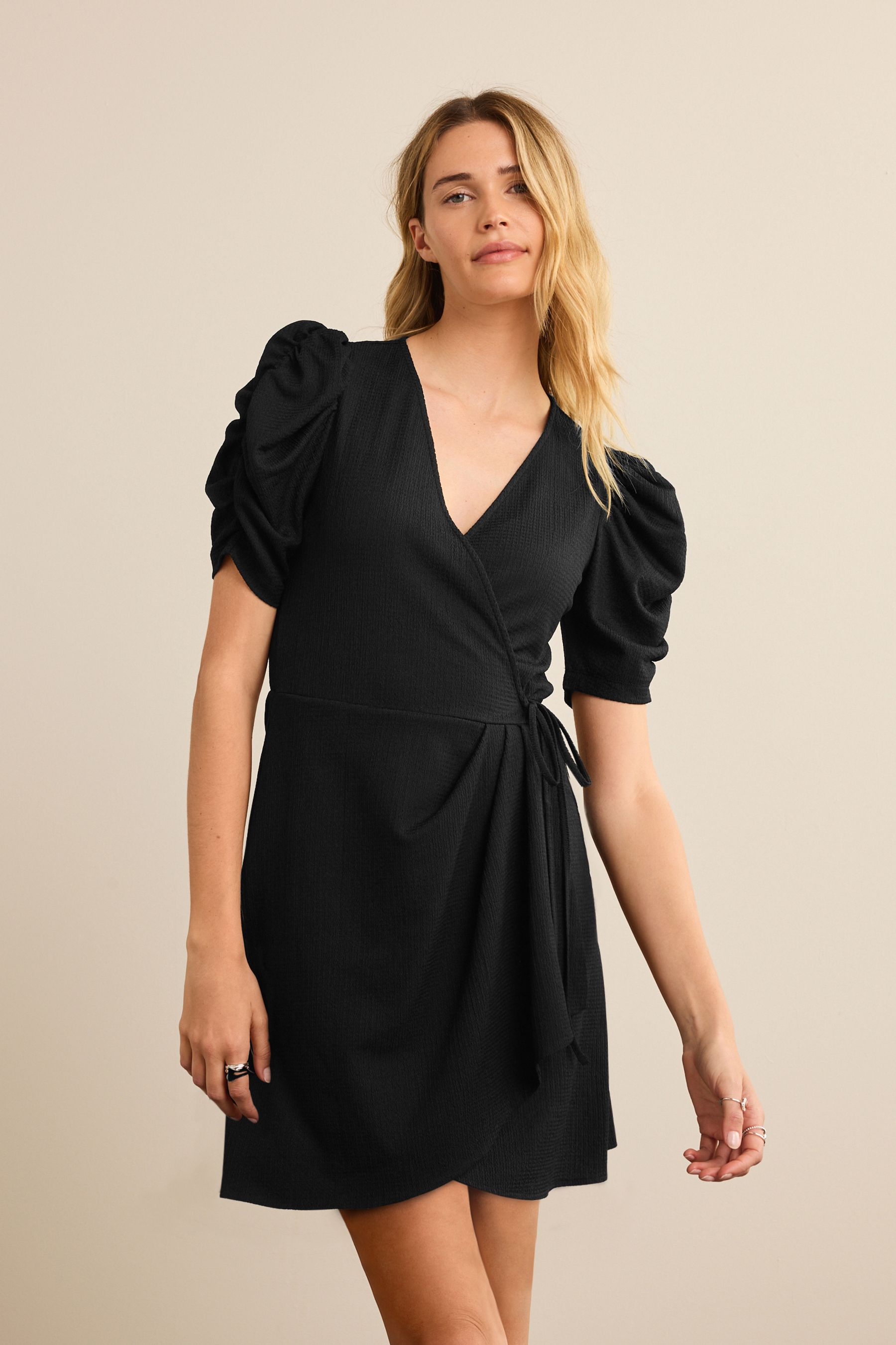 Buy Black Short Sleeve V Neck Wrap Mini Dress from Next Luxembourg