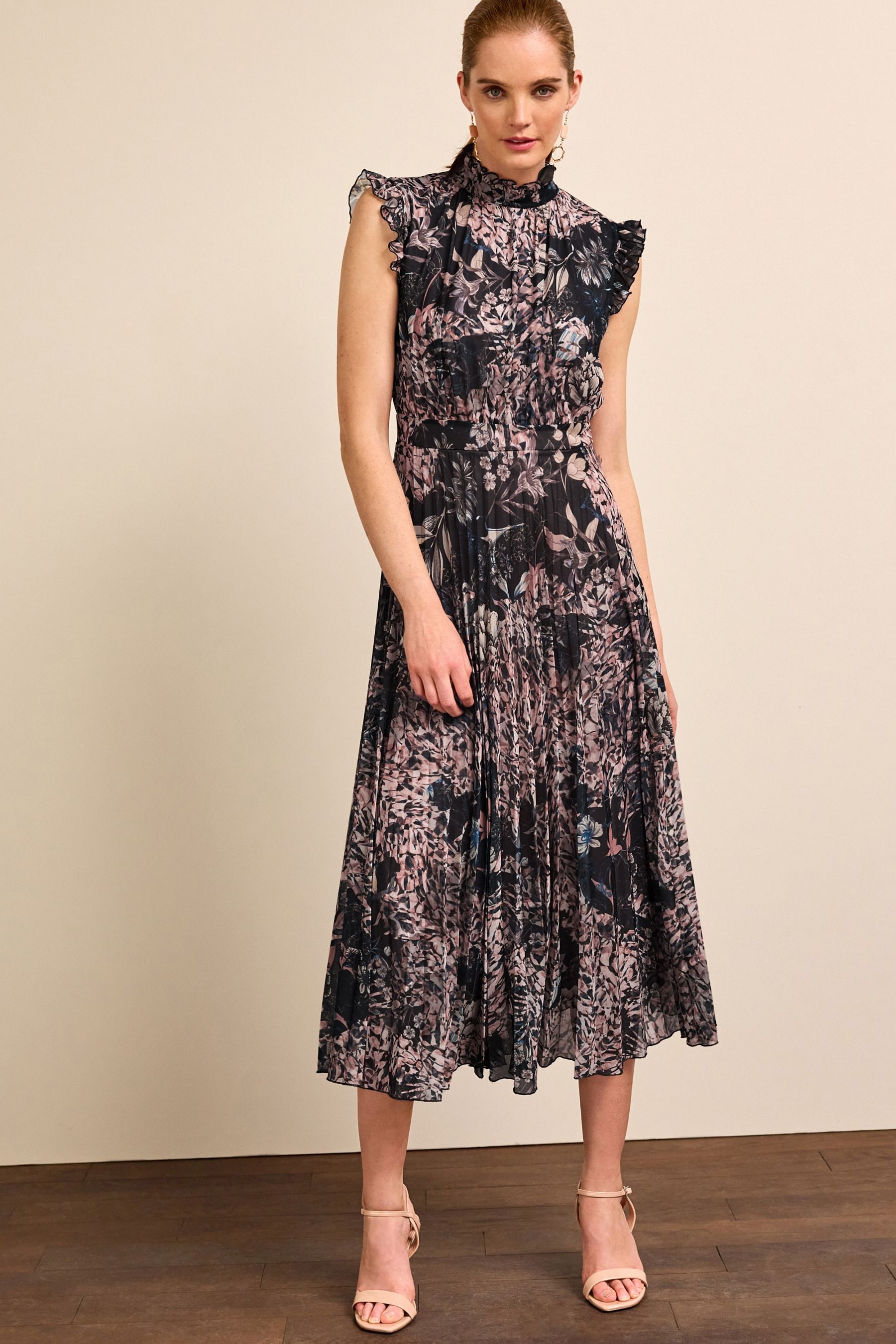 Buy Navy Blue Floral Sleeveless Mesh Pleated Midi Occasion Dress from Next Luxembourg