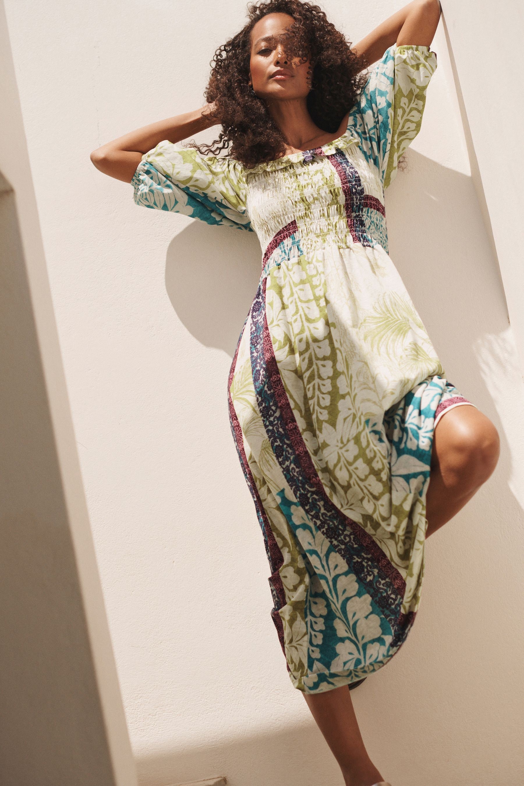 Buy Lime Green Floral Placement Print Puff Sleeve Square Neck 100 Cotton Midi Dress from Next Luxembourg