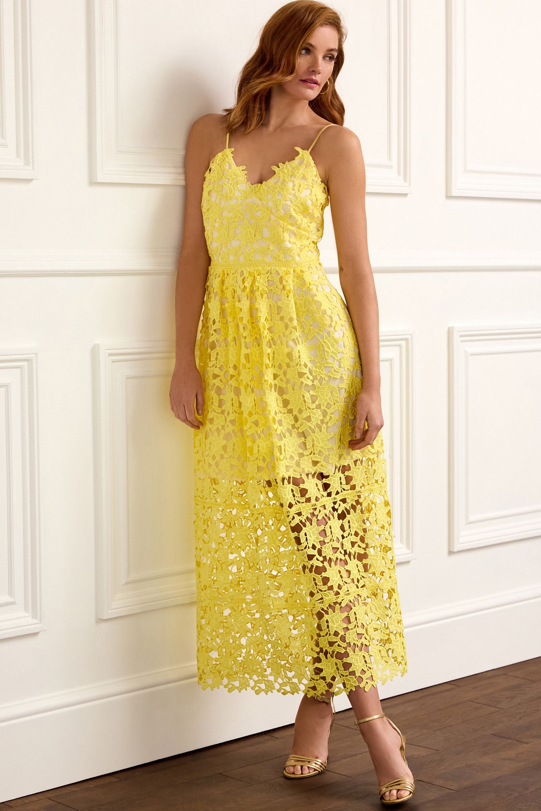 Buy Yellow Strappy Lace Midi Dress from Next Luxembourg