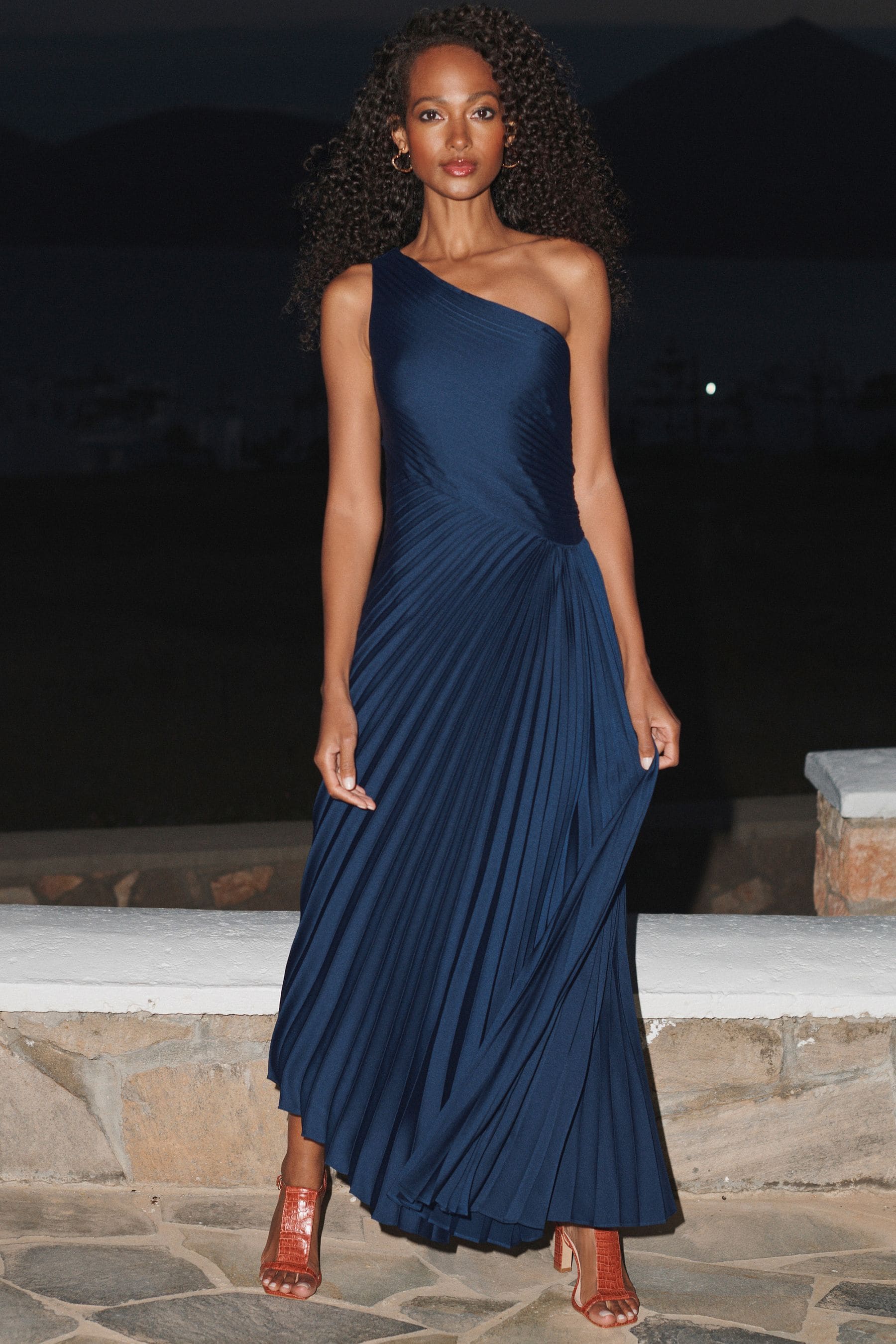 Buy Navy Blue One Shoulder Satin Pleated Midi Dress from Next Luxembourg