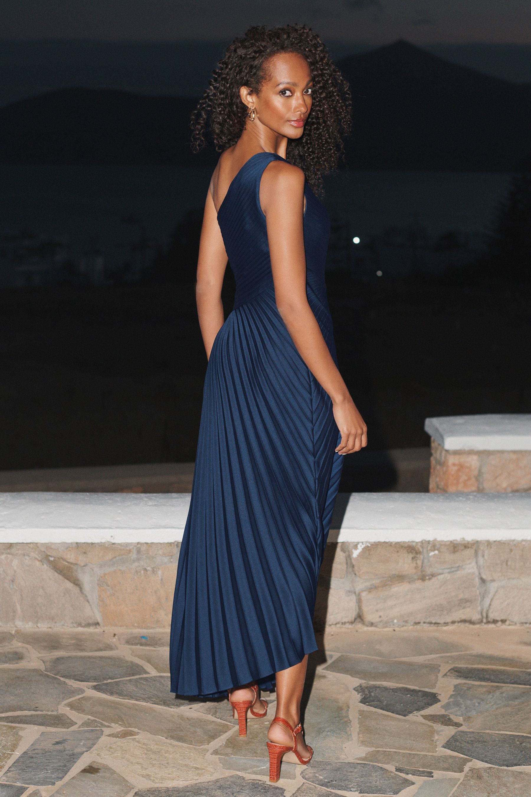 Buy Navy Blue One Shoulder Satin Pleated Midi Dress from Next Luxembourg