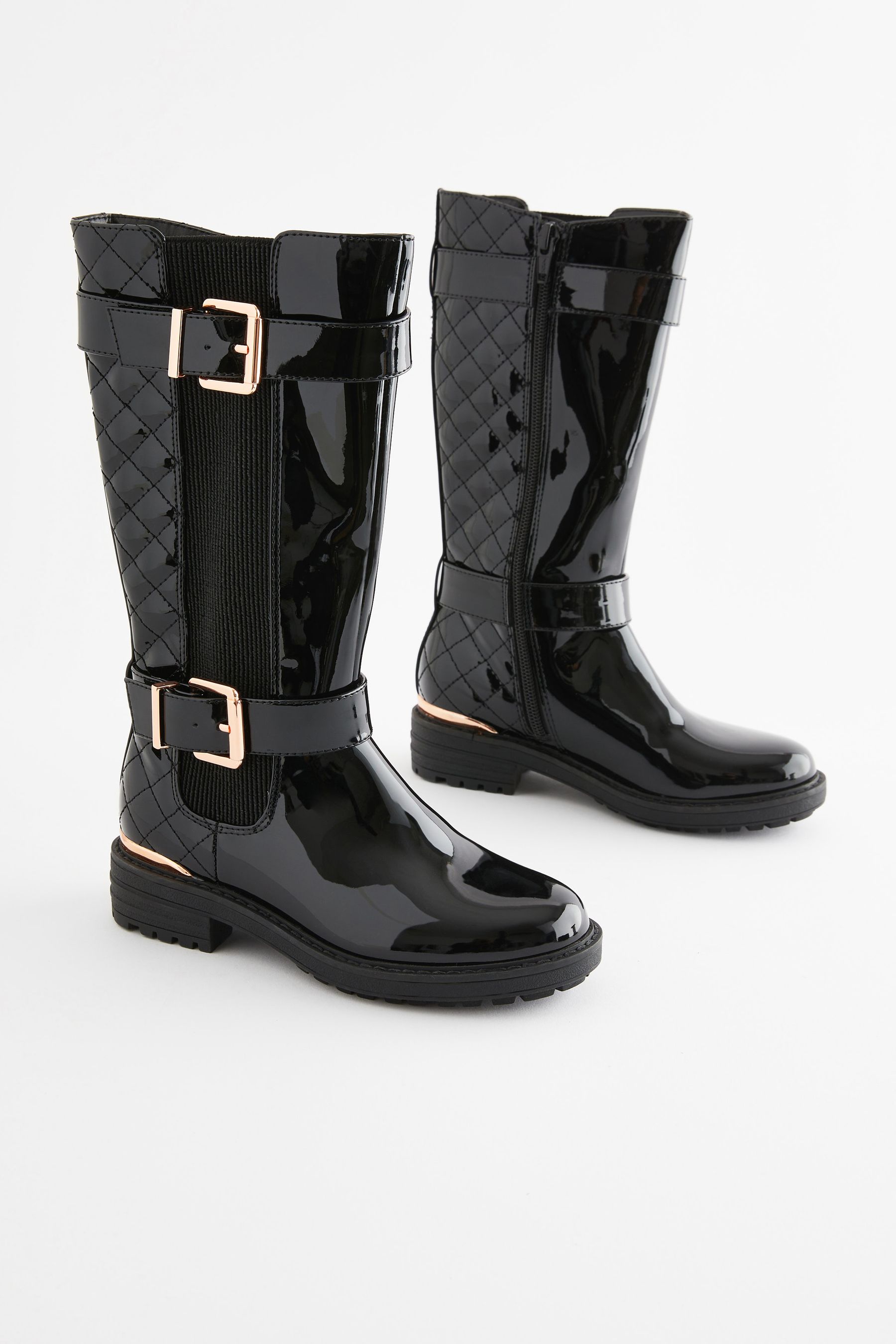 Buy Black Patent Tall Quilted Buckle Boots from Next Luxembourg