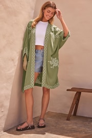 Green Butterfly Longline Embroidered Kimono Cover-Up - Image 2 of 8