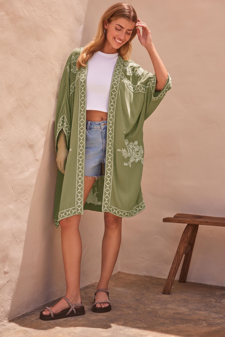 Green Butterfly Longline Embroidered Kimono Cover-Up - Image 2 of 8