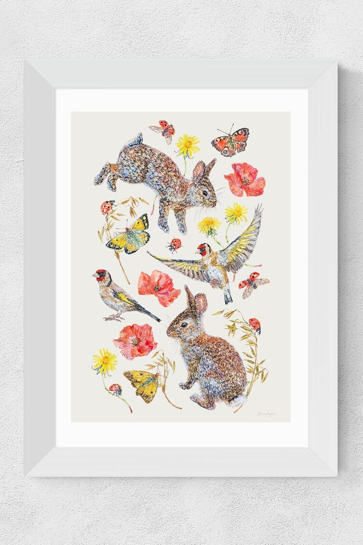 East End Prints White Meadow Birds Bunnies And Butterflies by Becca Boyce Framed Print - Image 3 of 3