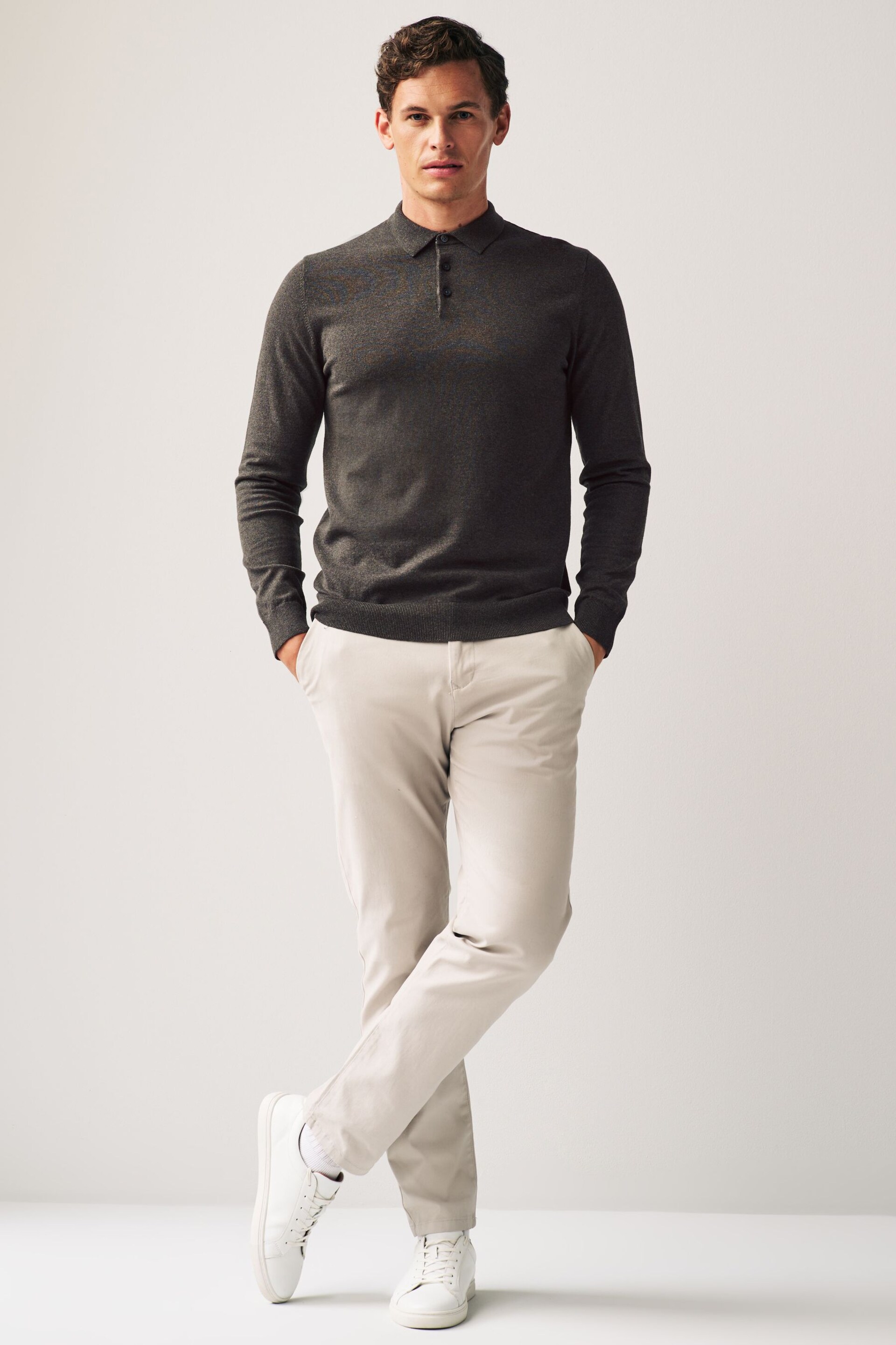 Brown/Grey Regular Knitted Long Sleeve Polo Shirt - Image 2 of 7