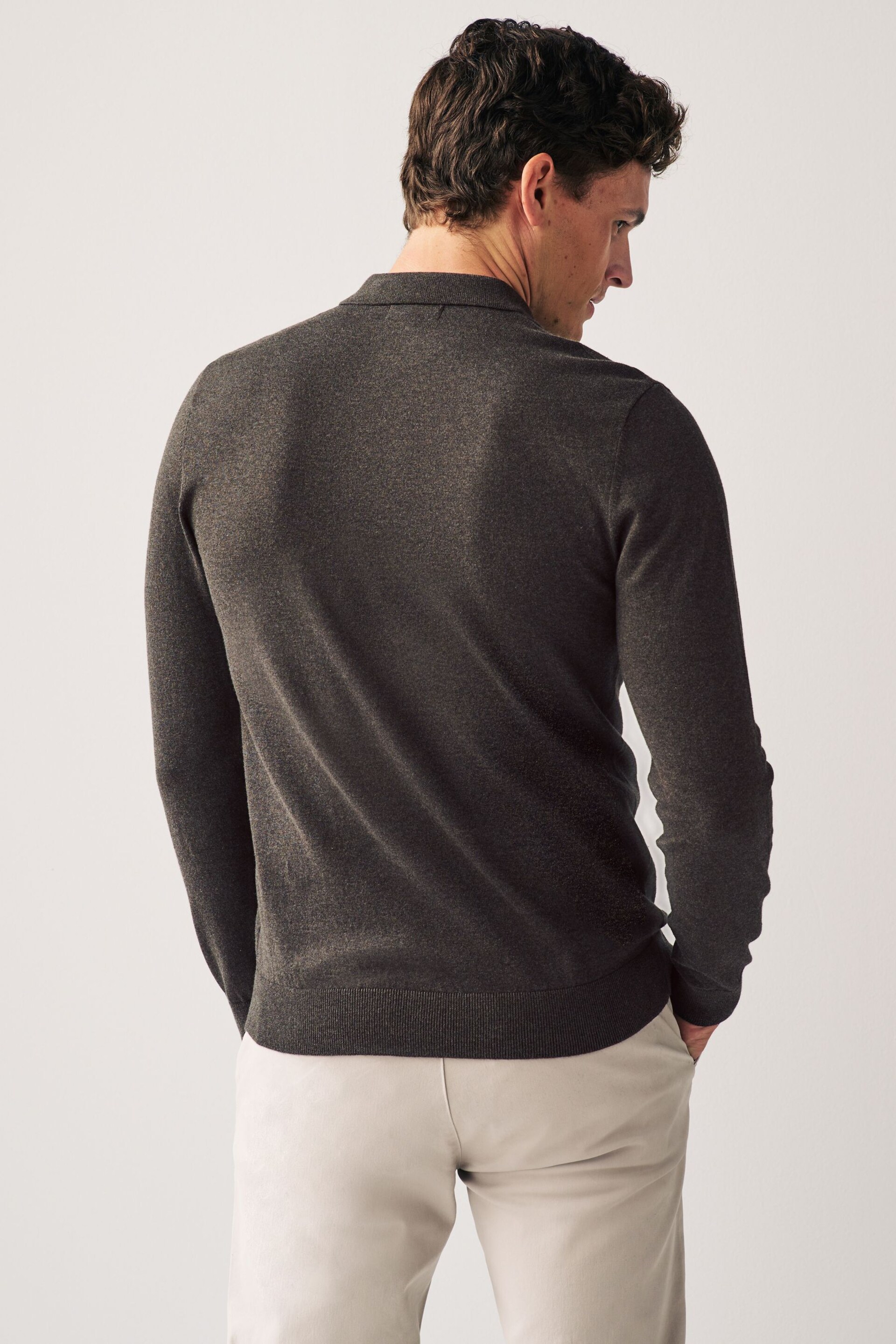 Brown/Grey Regular Knitted Long Sleeve Polo Shirt - Image 3 of 7