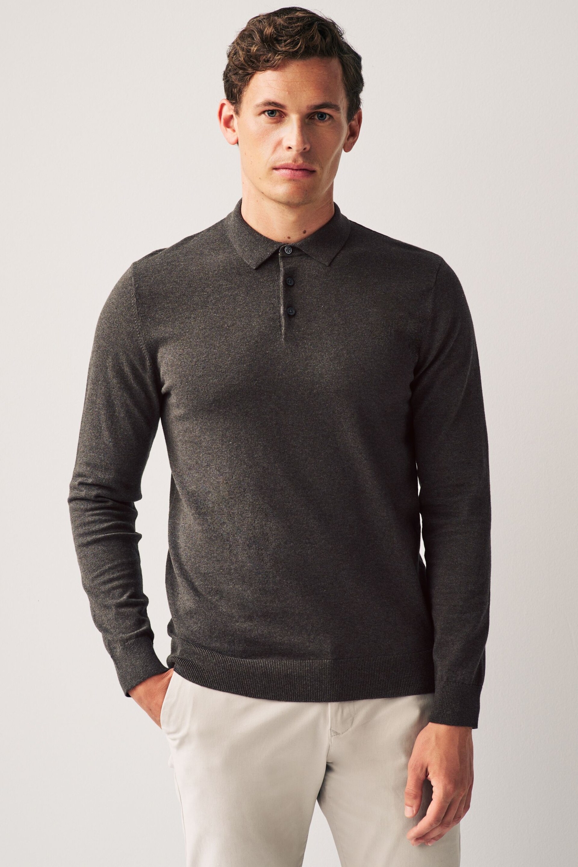 Brown/Grey Regular Knitted Long Sleeve Polo Shirt - Image 4 of 7