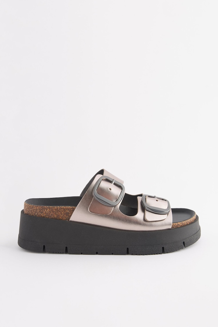 Pewter Silver Forever Comfort® Leather Double Buckle Flatform Sandals - Image 4 of 7