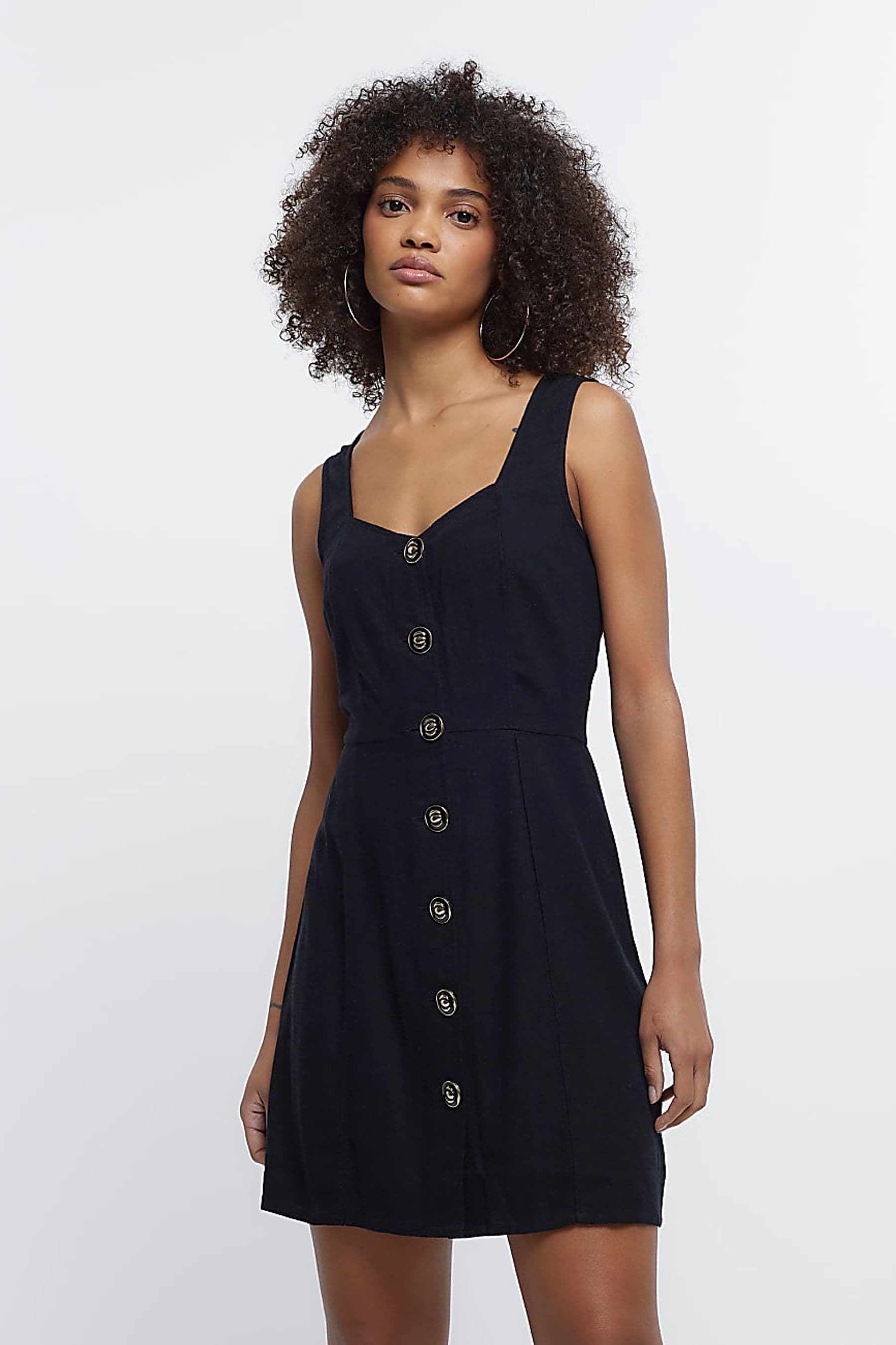 Buy River Island Black Button Through Linen Mini Dress from Next Ireland