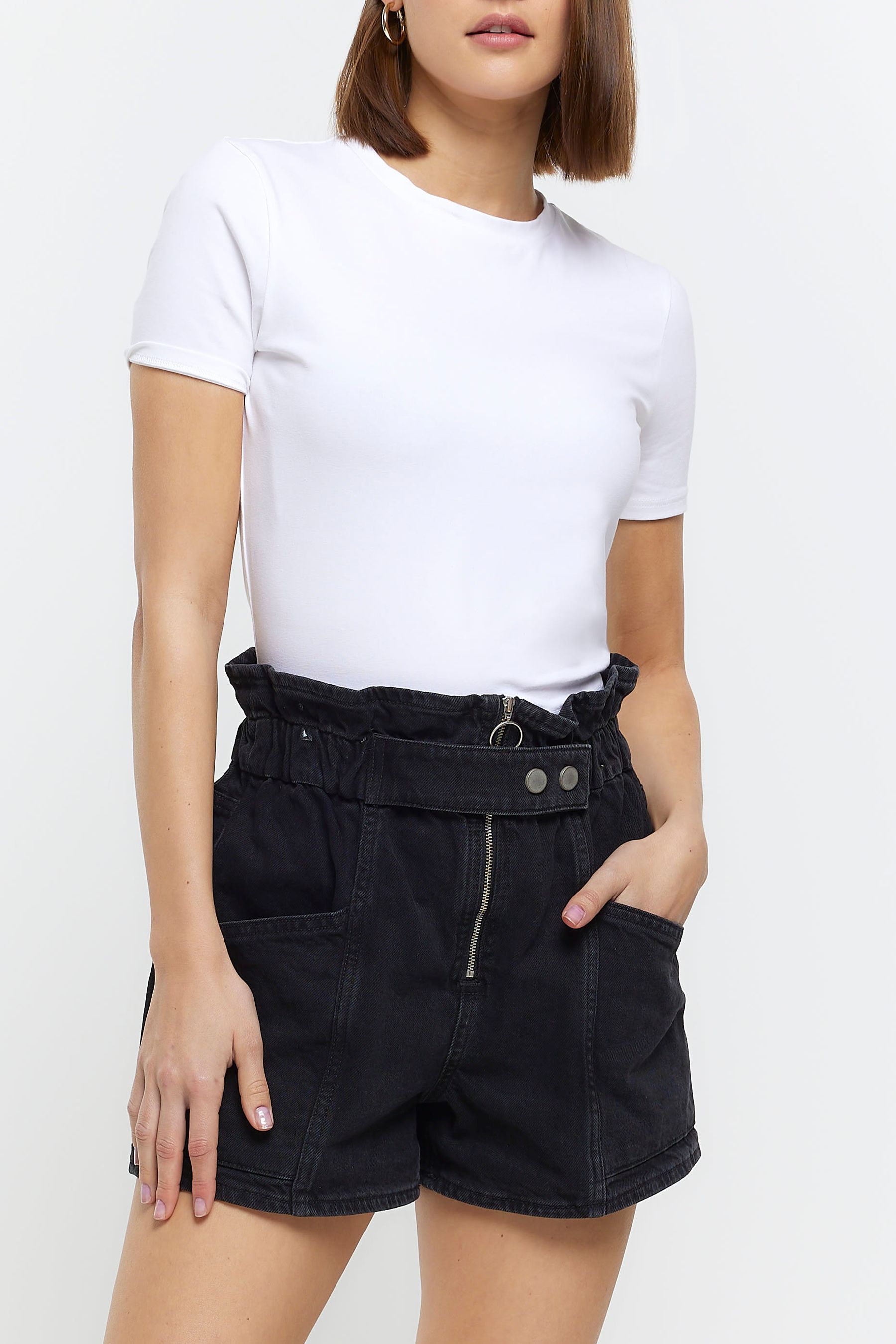 Buy River Island Black Seamed Paperbag Denim Shorts from Next Luxembourg